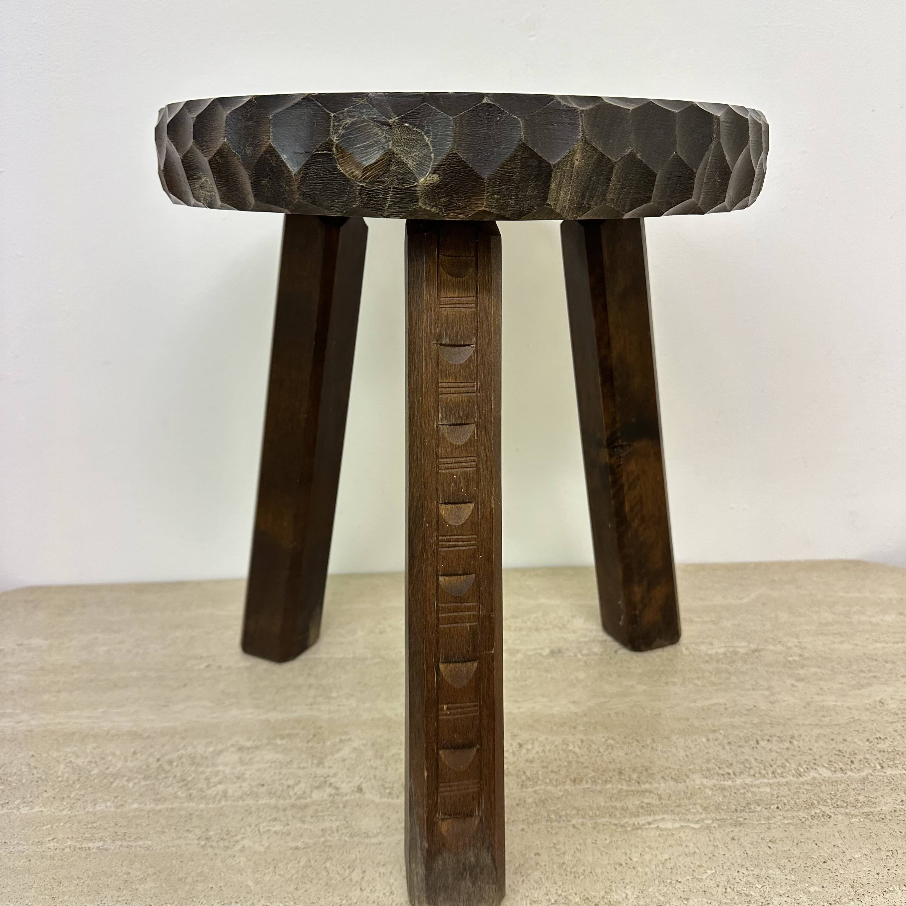Hand carved solid oak brutalist stool , 1970s
