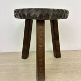 Hand carved solid oak brutalist stool , 1970s
