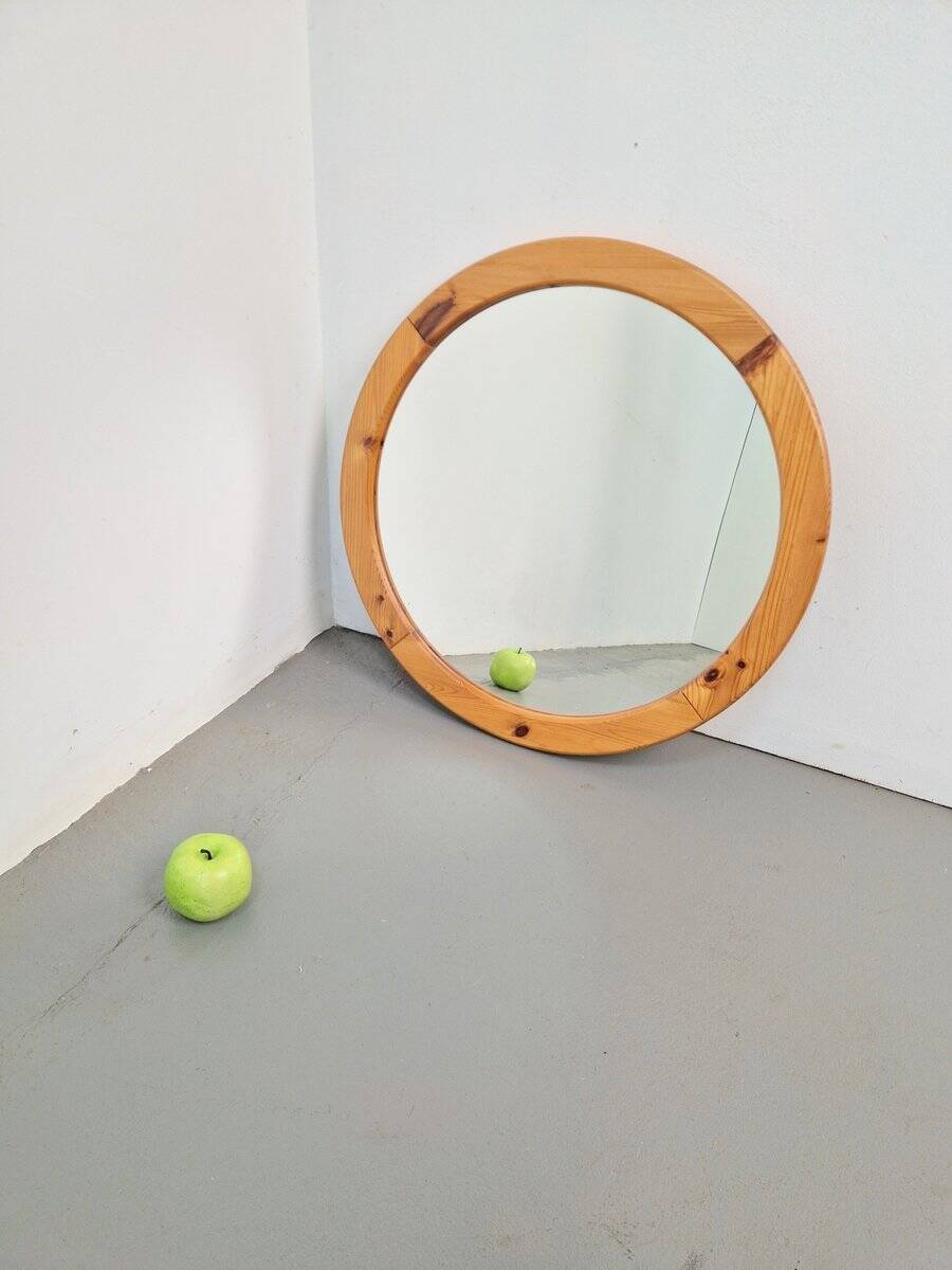 Scandinavian Round Pine Mirror, 1970s