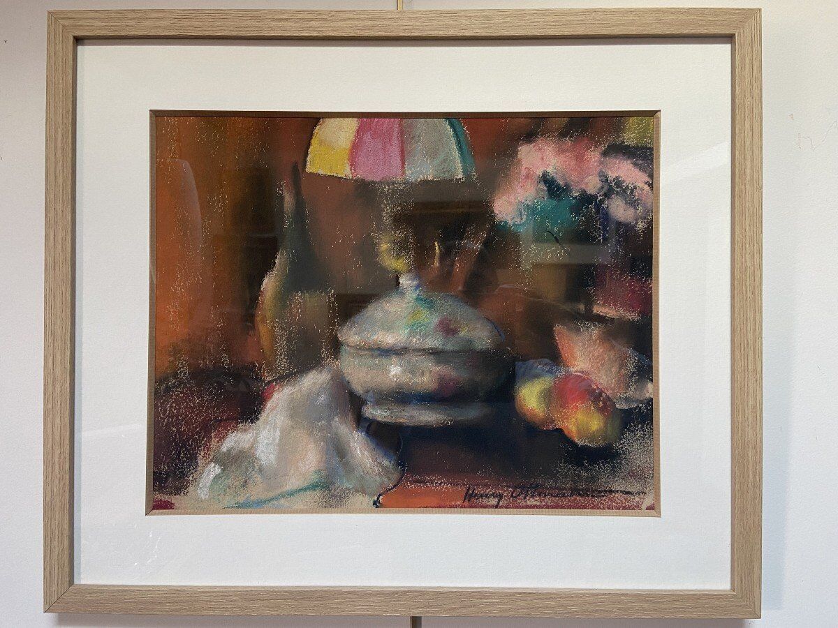 Still life with lamp, signed pastel