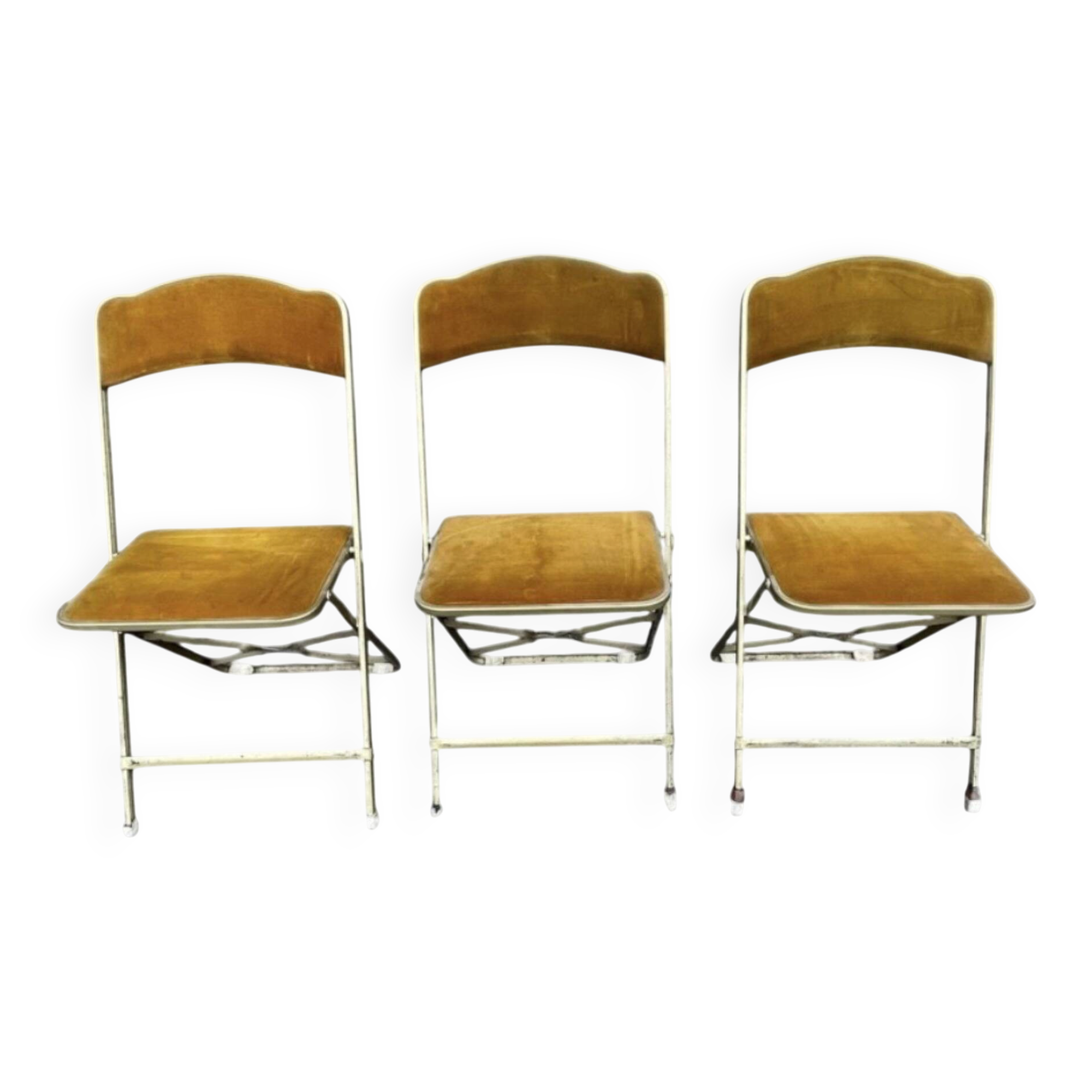 3 chaises d'opéra pliantes anciennes en velours doré et laiton