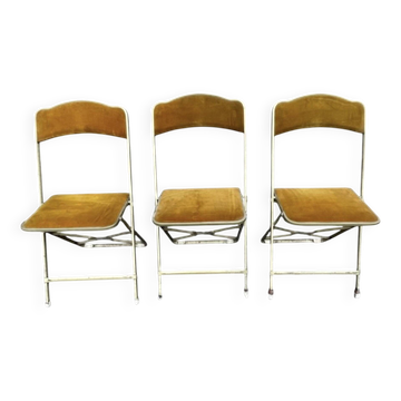 3 antique folding opera chairs in golden velvet and brass