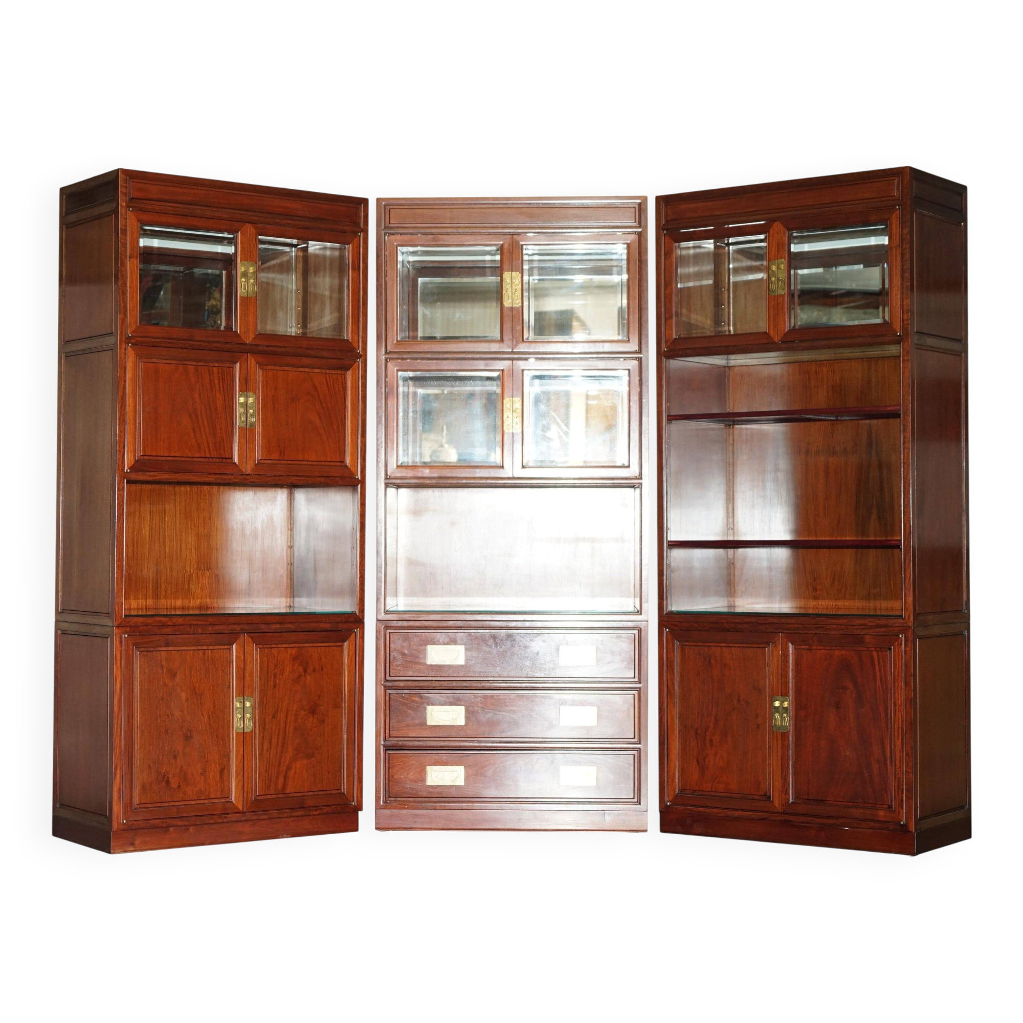 Set of three vintage hardwood military-style bookshelves.