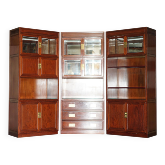 Set of three vintage hardwood military-style bookshelves.