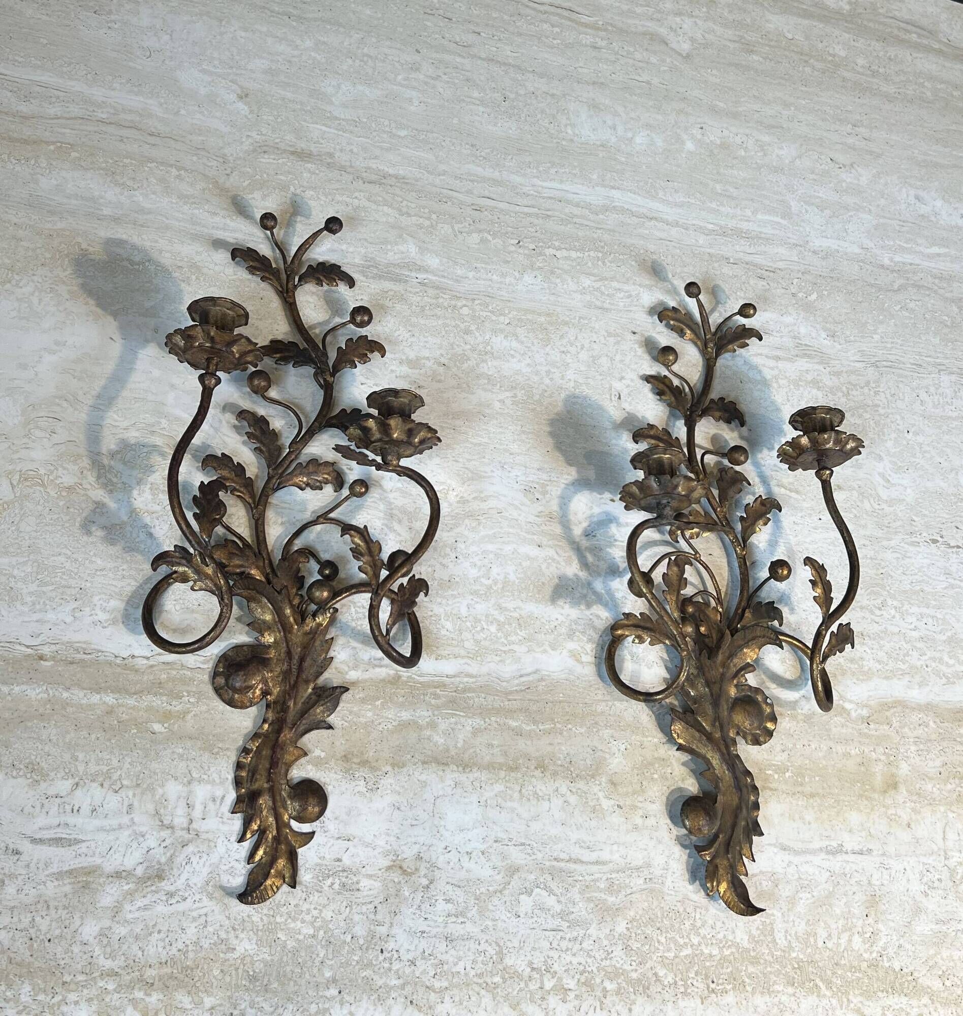 Pair of Two-Arm Wall Lights in Gold Metal with Leaf Decoration