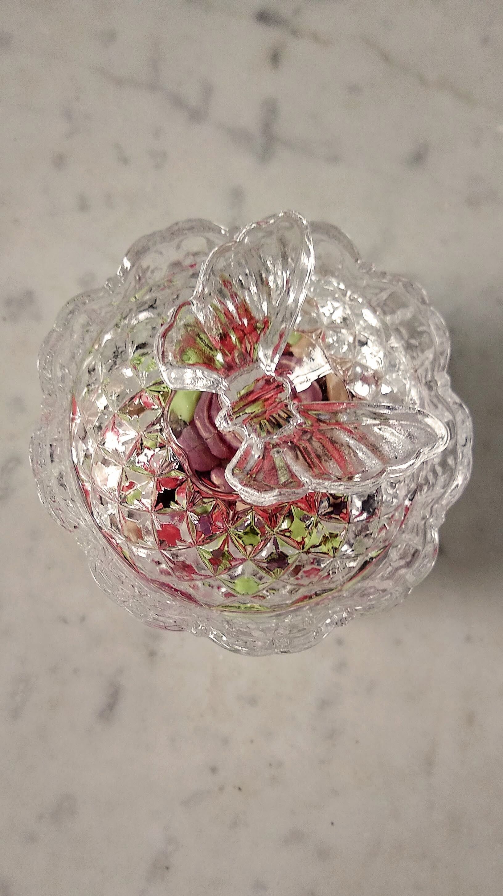 Glass bonbonnière cut with a butterfly pattern