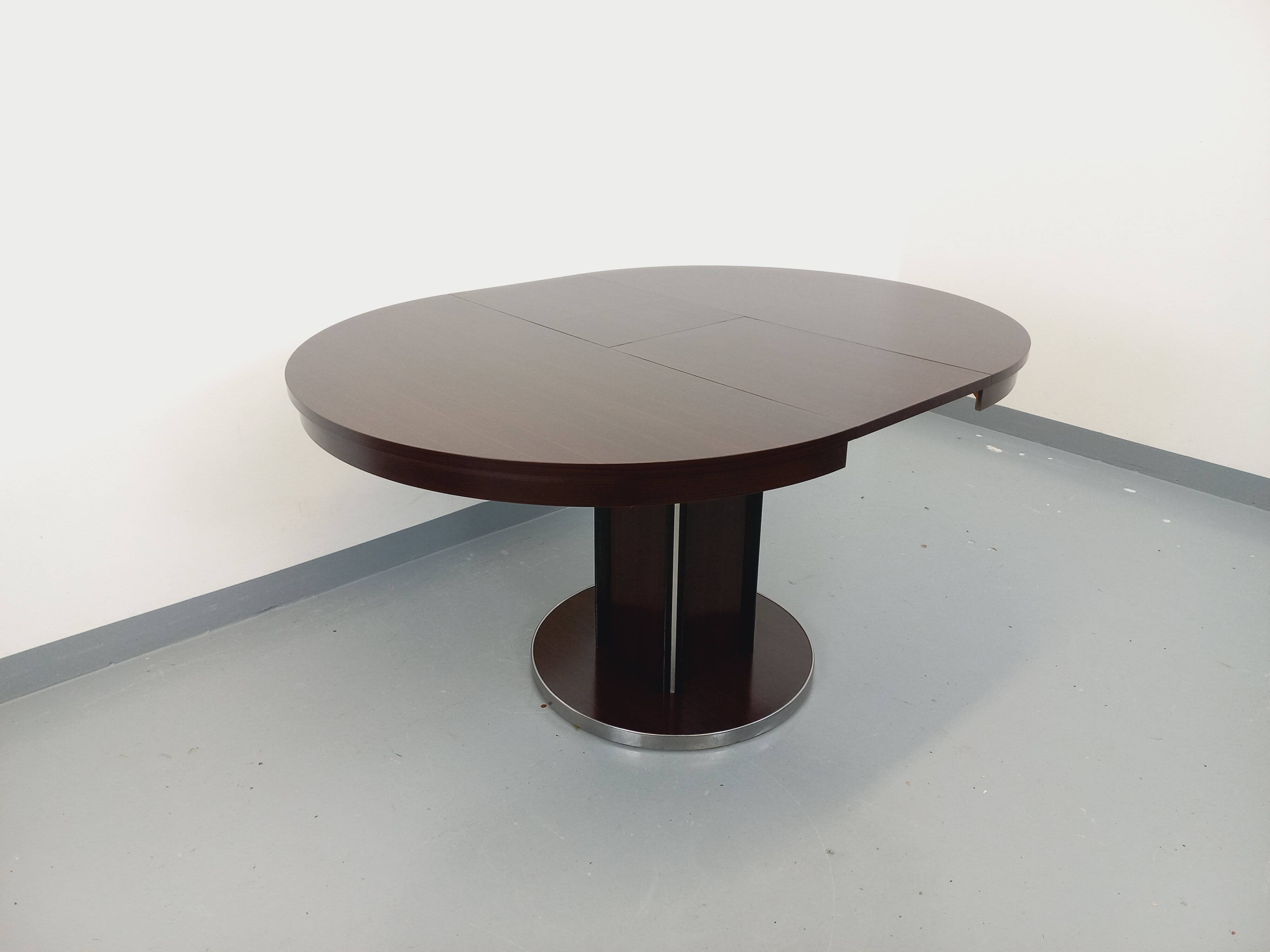 Table ronde de repas vintage en bois d’ébène et métal chromé Space Age