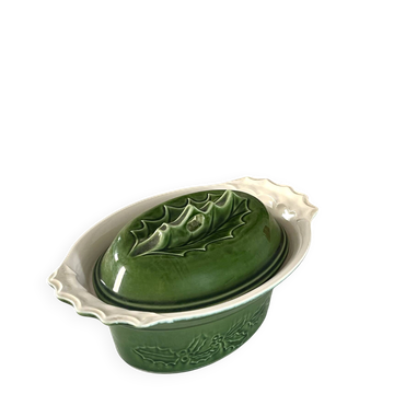Christmas Terrine with Holly Lid, Green Ceramic Serving Dish, Vintage