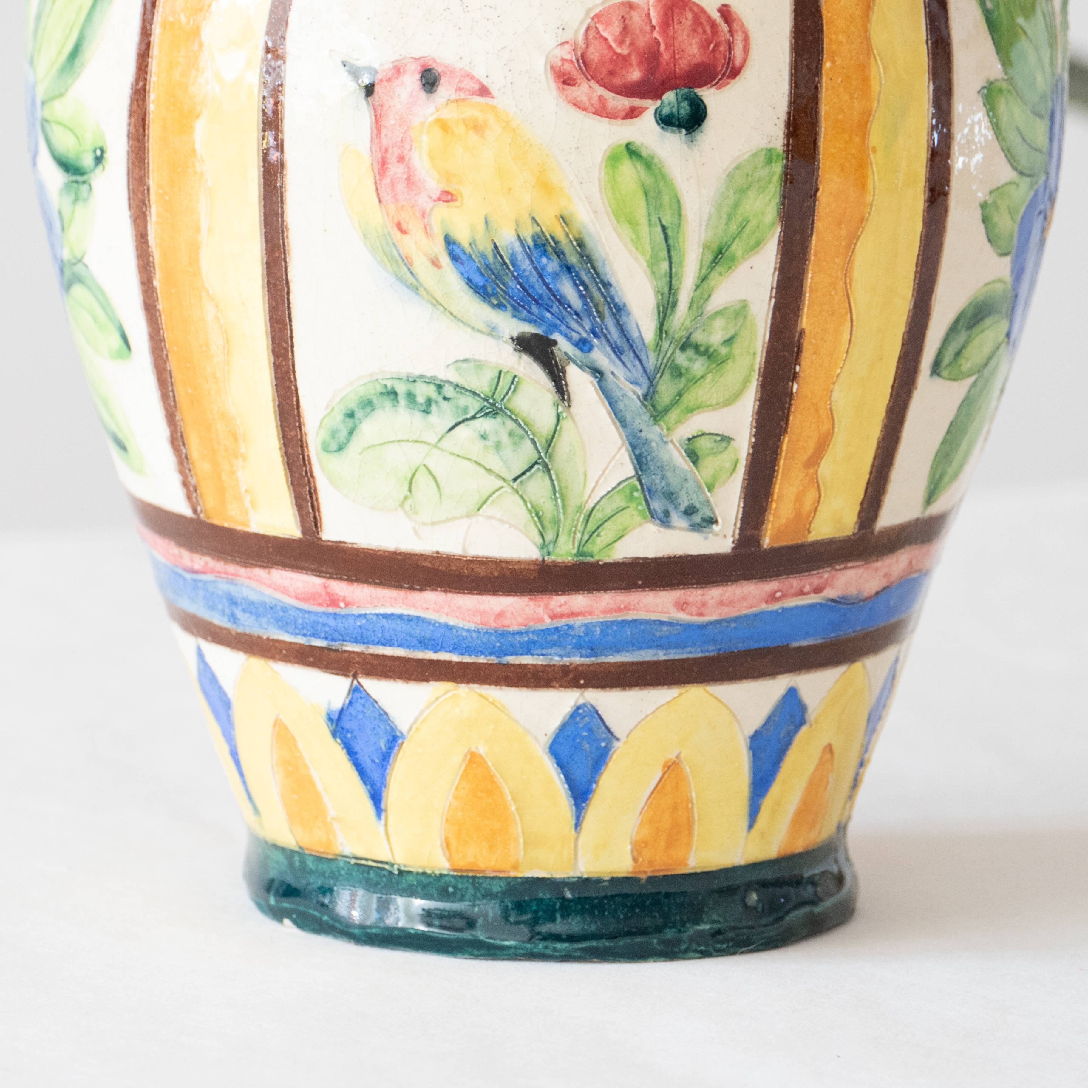 Old handcrafted amphora / polychrome bird glazed terracotta vase