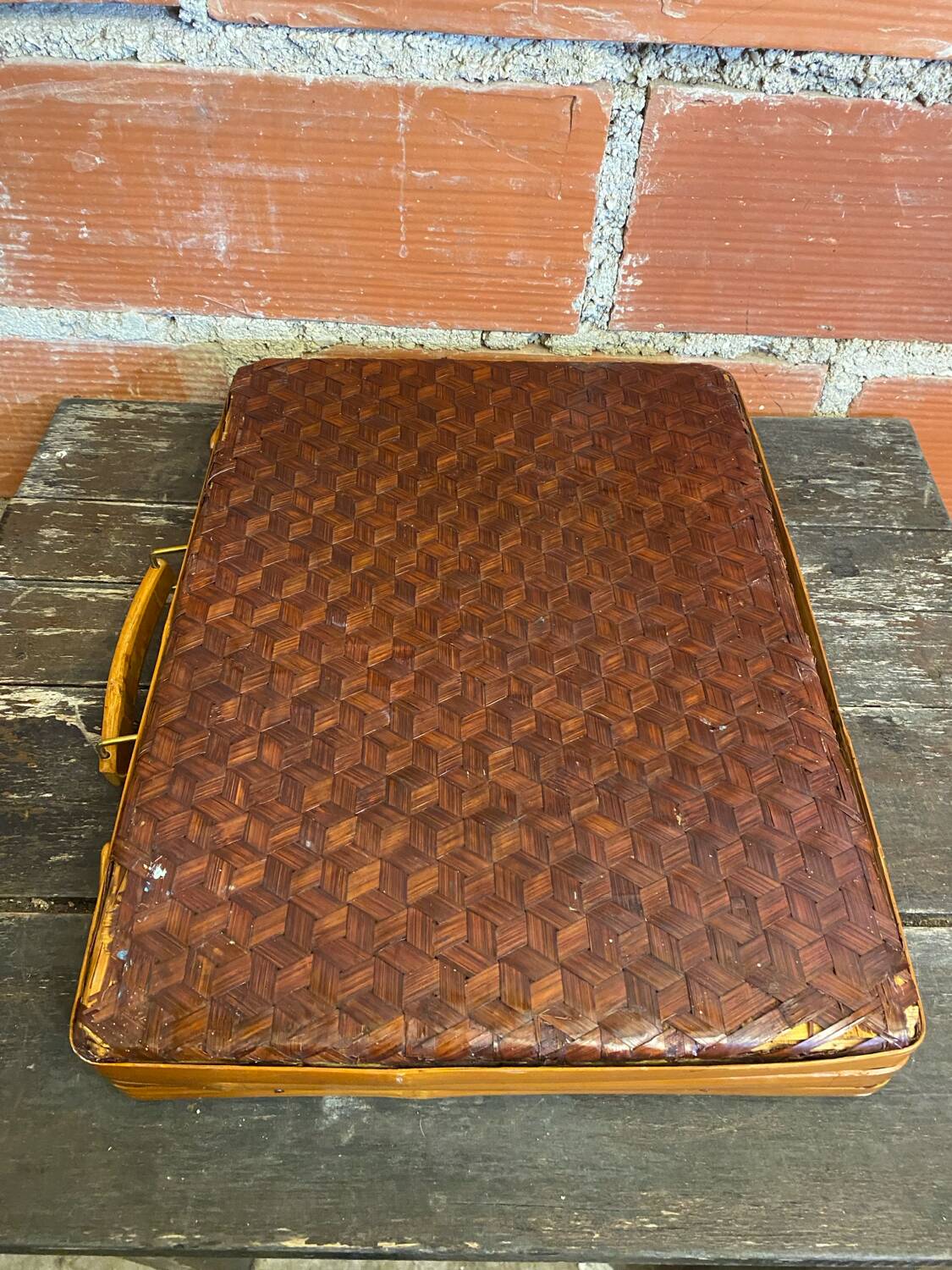 Vintage Wooden & Woven Bamboo Transport Box #D624