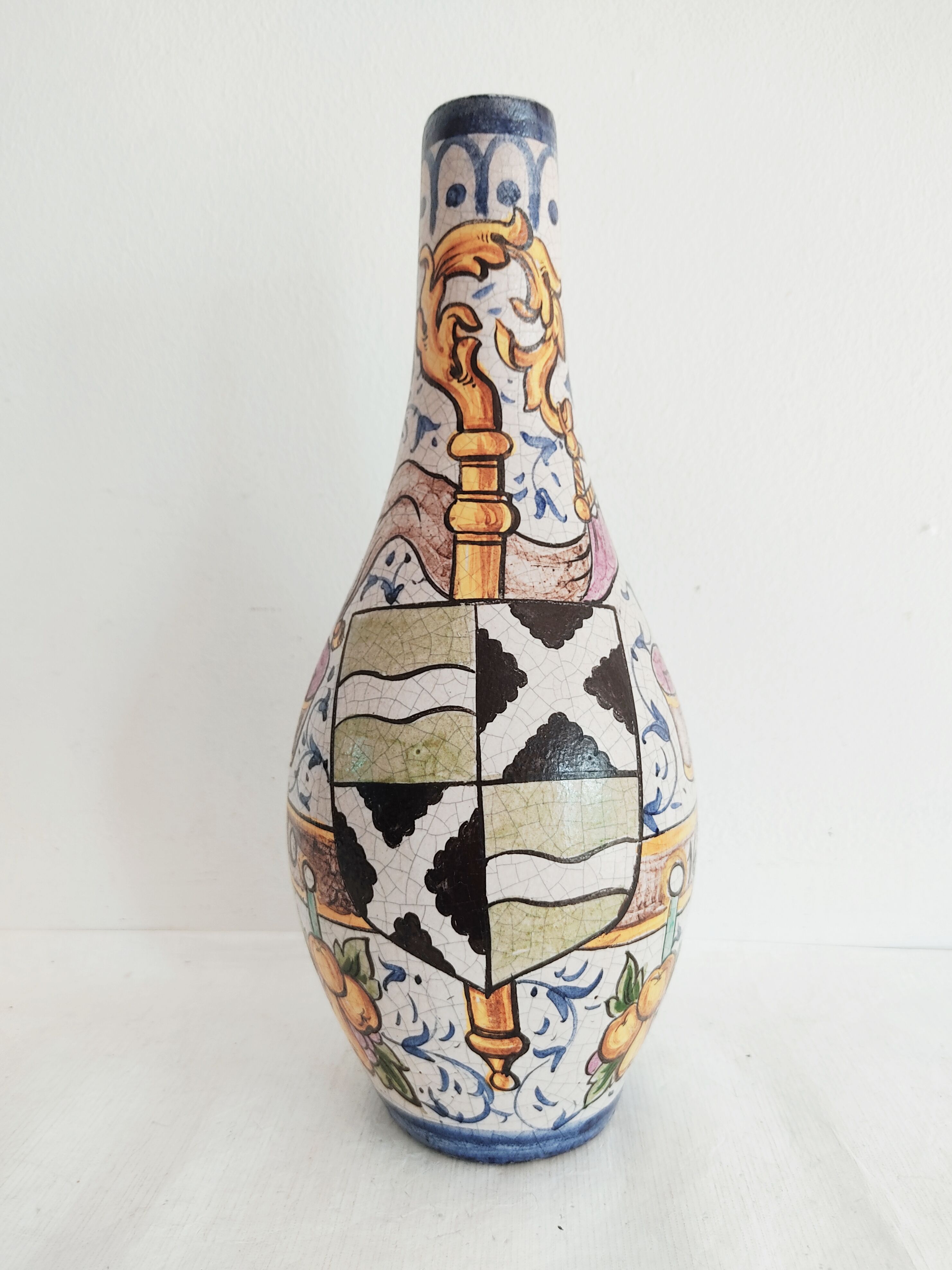 Italian ceramic vase decoration coat of arms and fruits