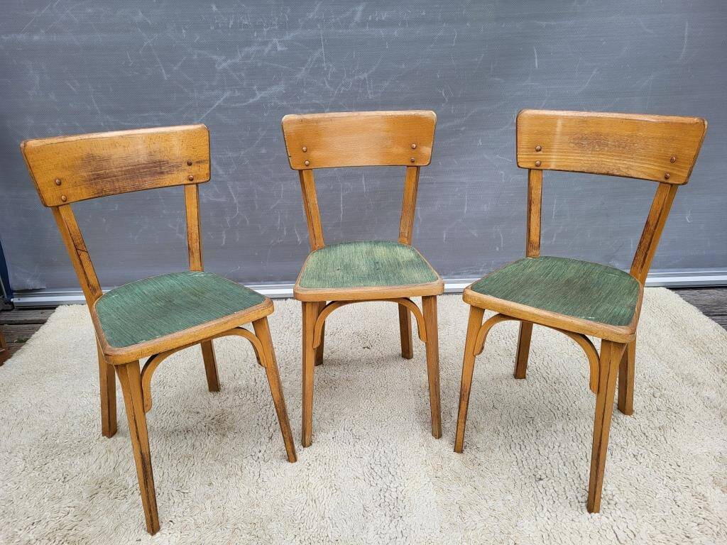 Trio chaises bistrot Baumann 1950 simili vert chiné