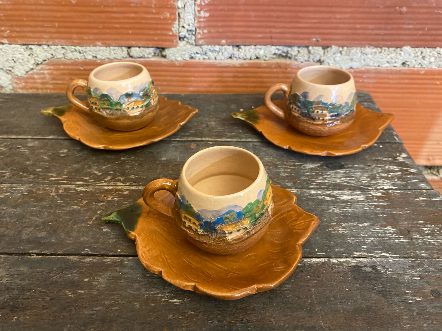 Teapot + 3 Antique Glazed Terracotta Cups Landscape Decor Vintage