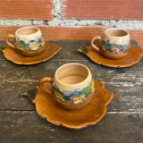 Teapot + 3 Antique Glazed Terracotta Cups Landscape Decor Vintage