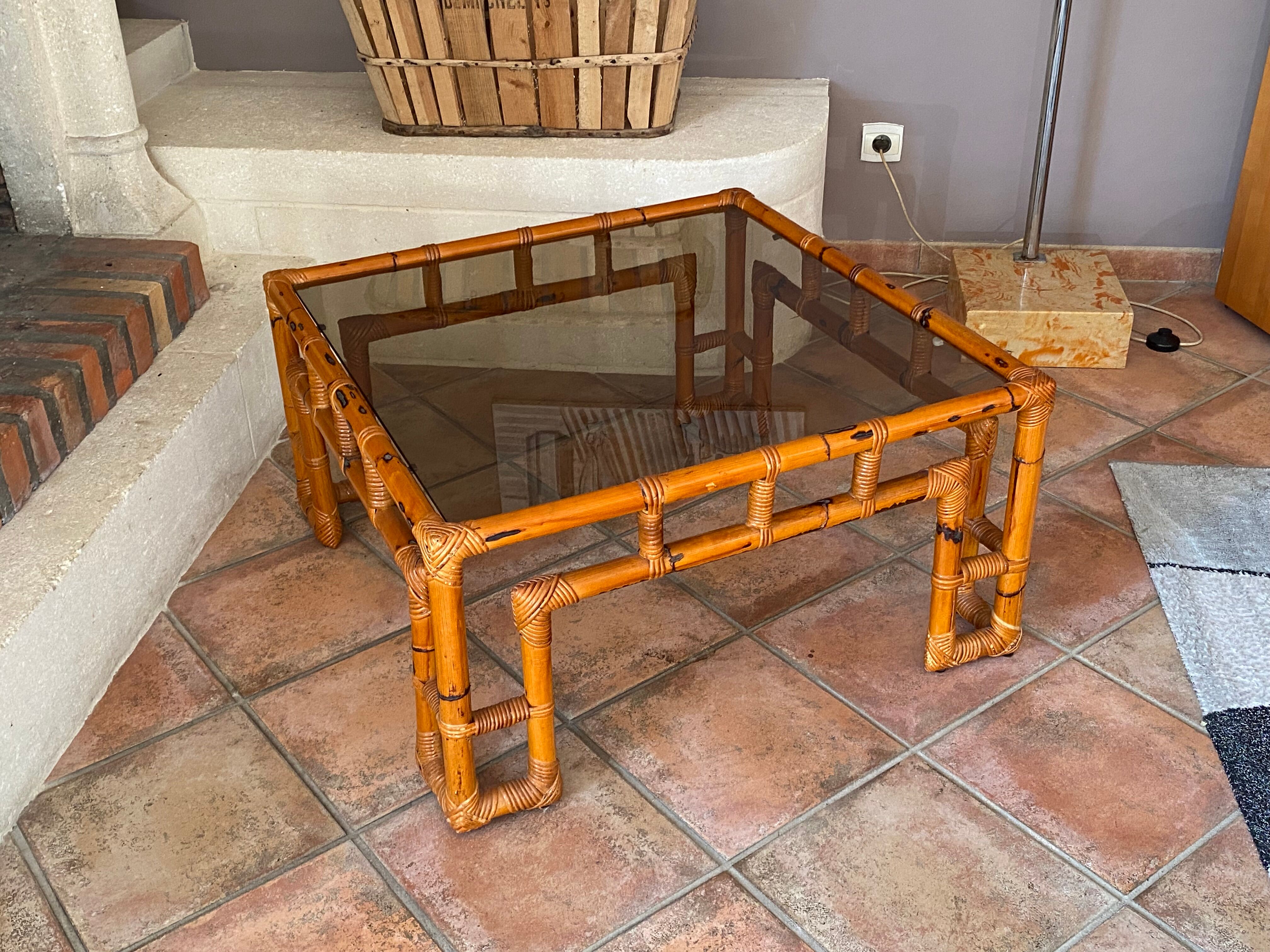 Coffee table Roche Bobois, 1970, rattan and smoked glass