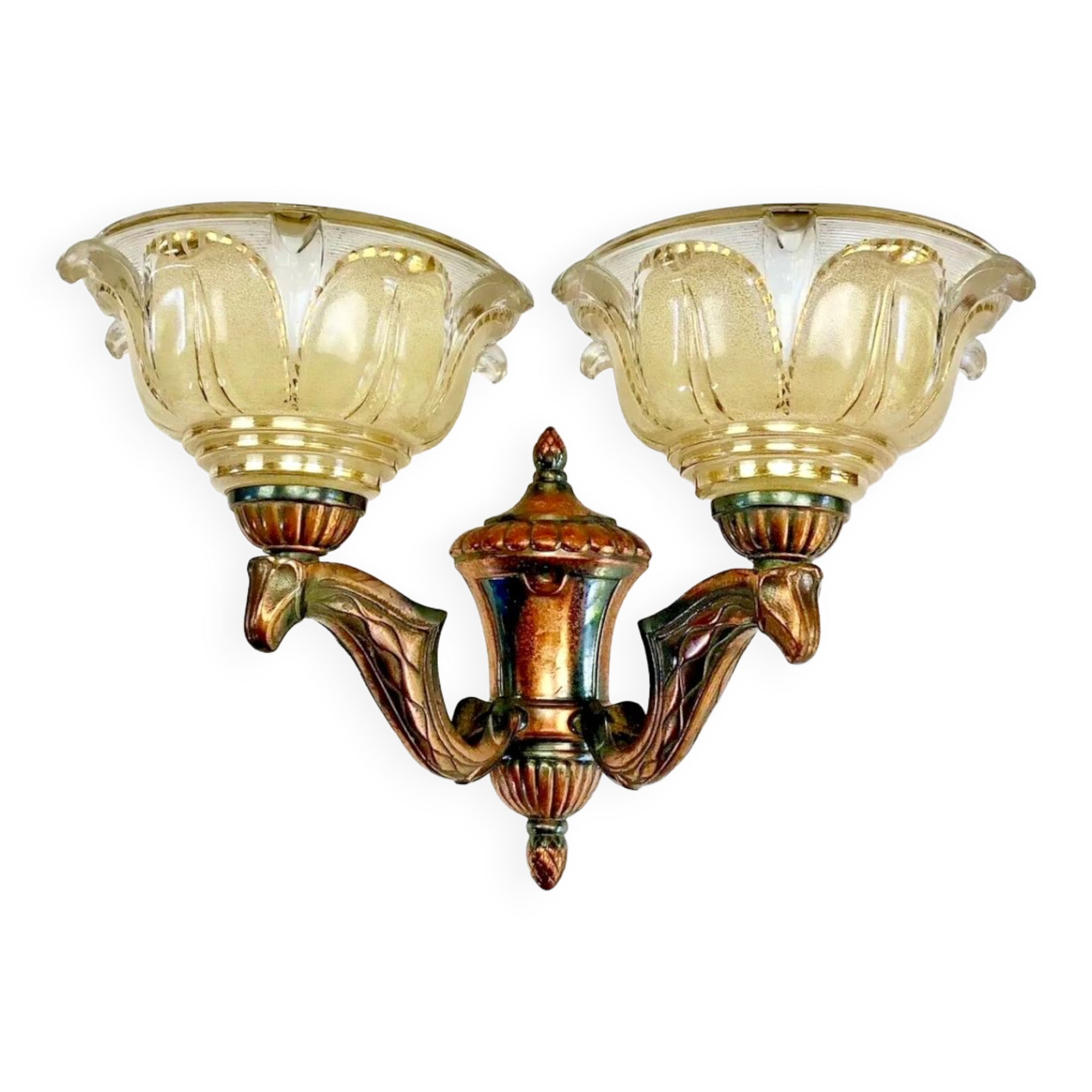 Wall lamp double fires copper metal art deco glassware ezan opalescent gilded