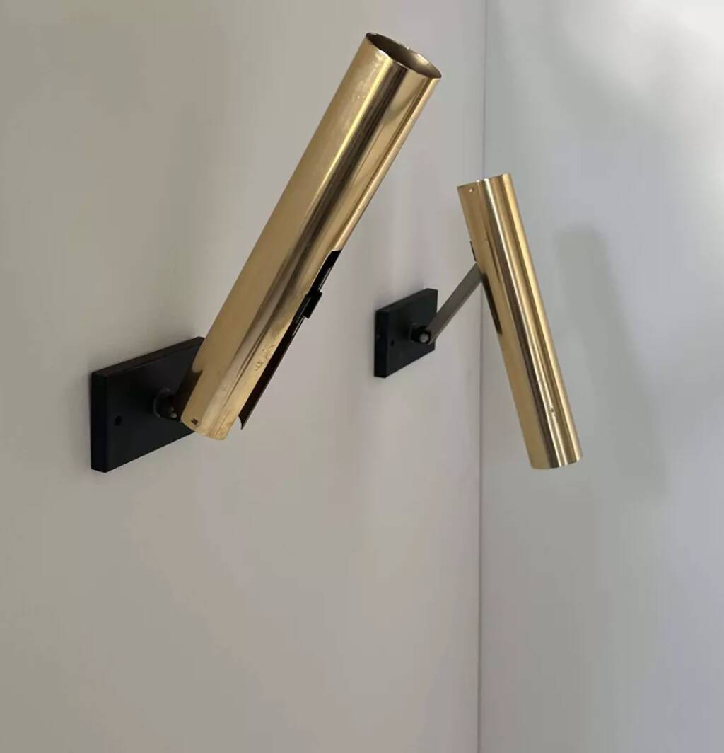 Pair of vintage modernist wall lights, brass, France 1970