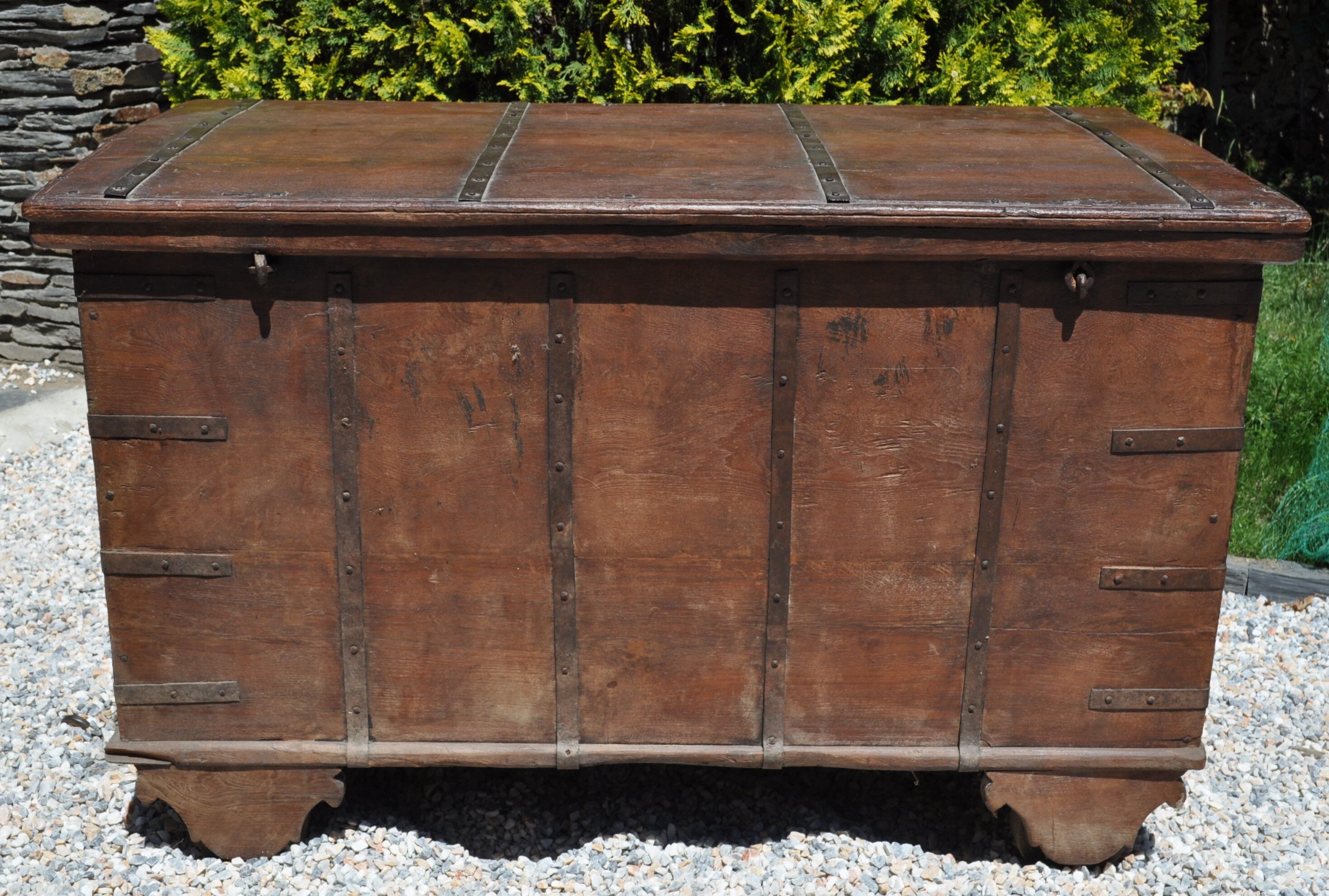 Wooden chest on wheels & wrought iron fittings - nineteenth century