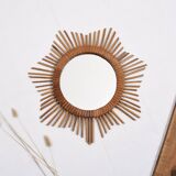 Old sun mirror 49 cm in rattan, star.