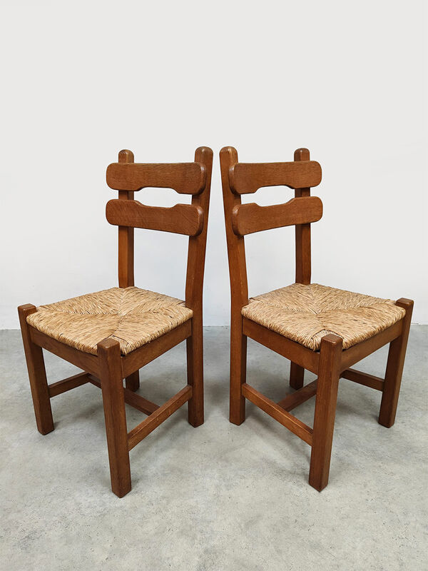 Chaises de salle à manger brutalistes en jonc vintage 1970