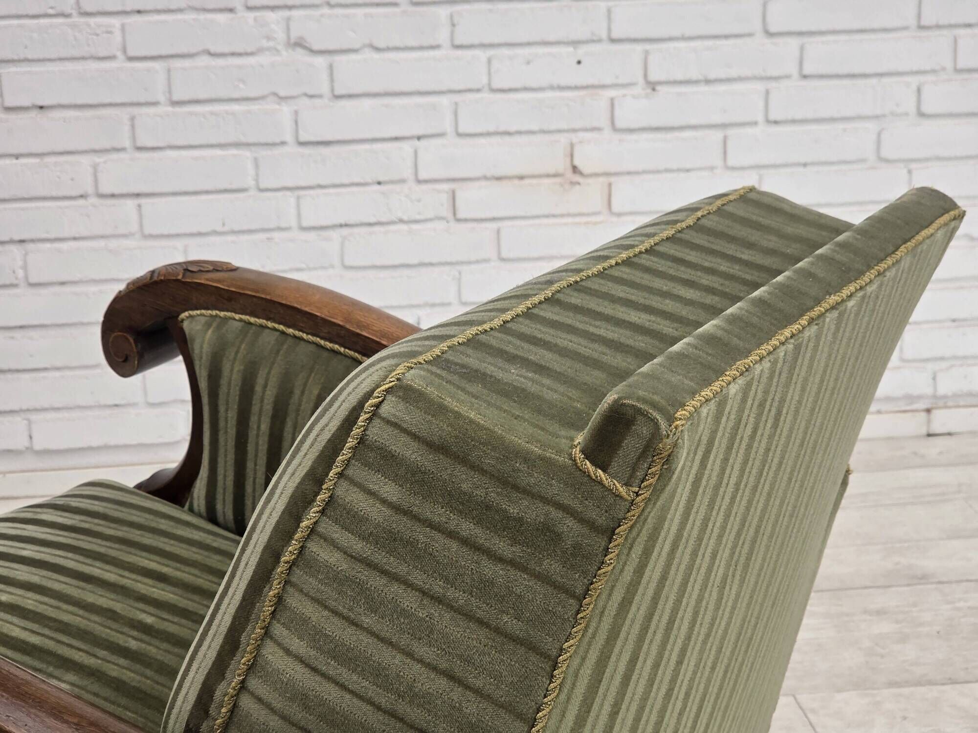 1950s, Danish relax armchair, green furniture velour, carved oak wood.