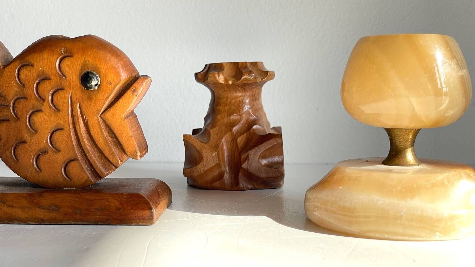 Trio of vintage wood and onyx candle holders