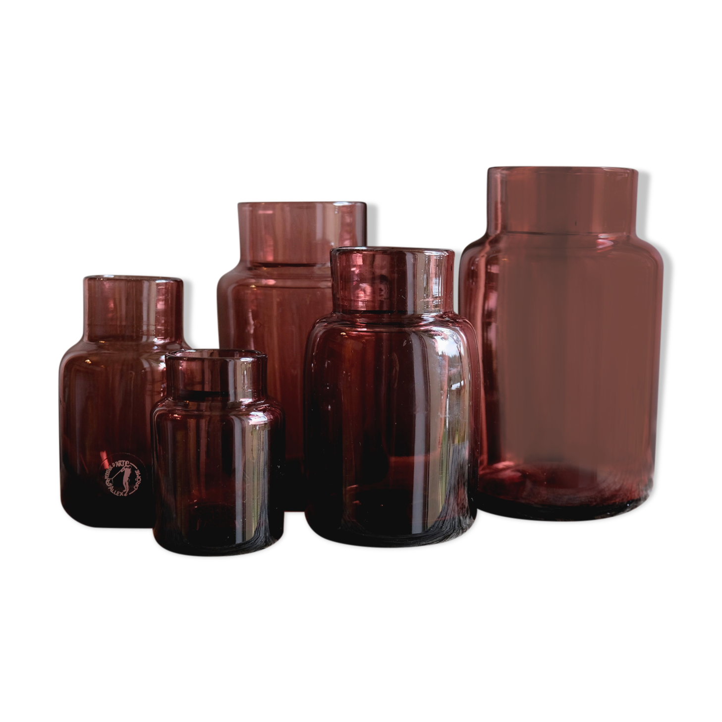 Set 5 vases in blown glass art glass ALLEX, Drôme