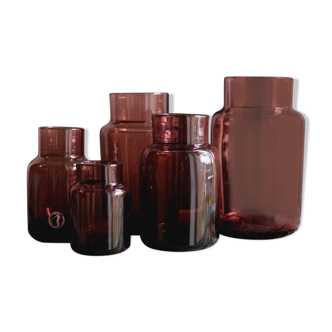 Ensemble 5 vases en verre soufflé verrerie d'art ALLEX, Drôme