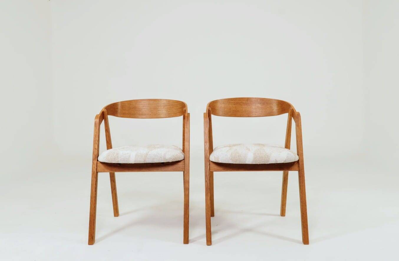 Oak dining chairs set of two, natural wood, jacquard fabric
