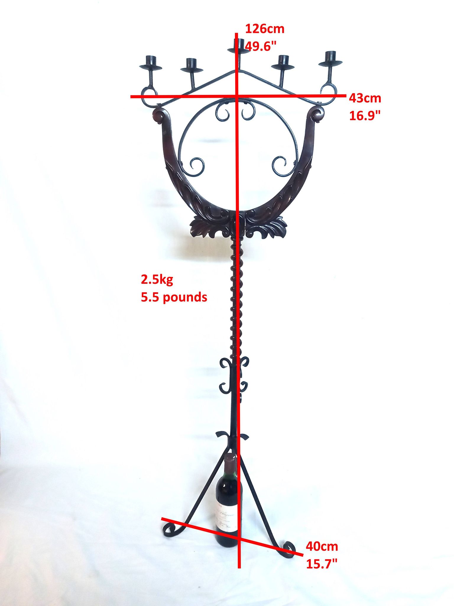 Floor candelabra in wrought iron and turned wood