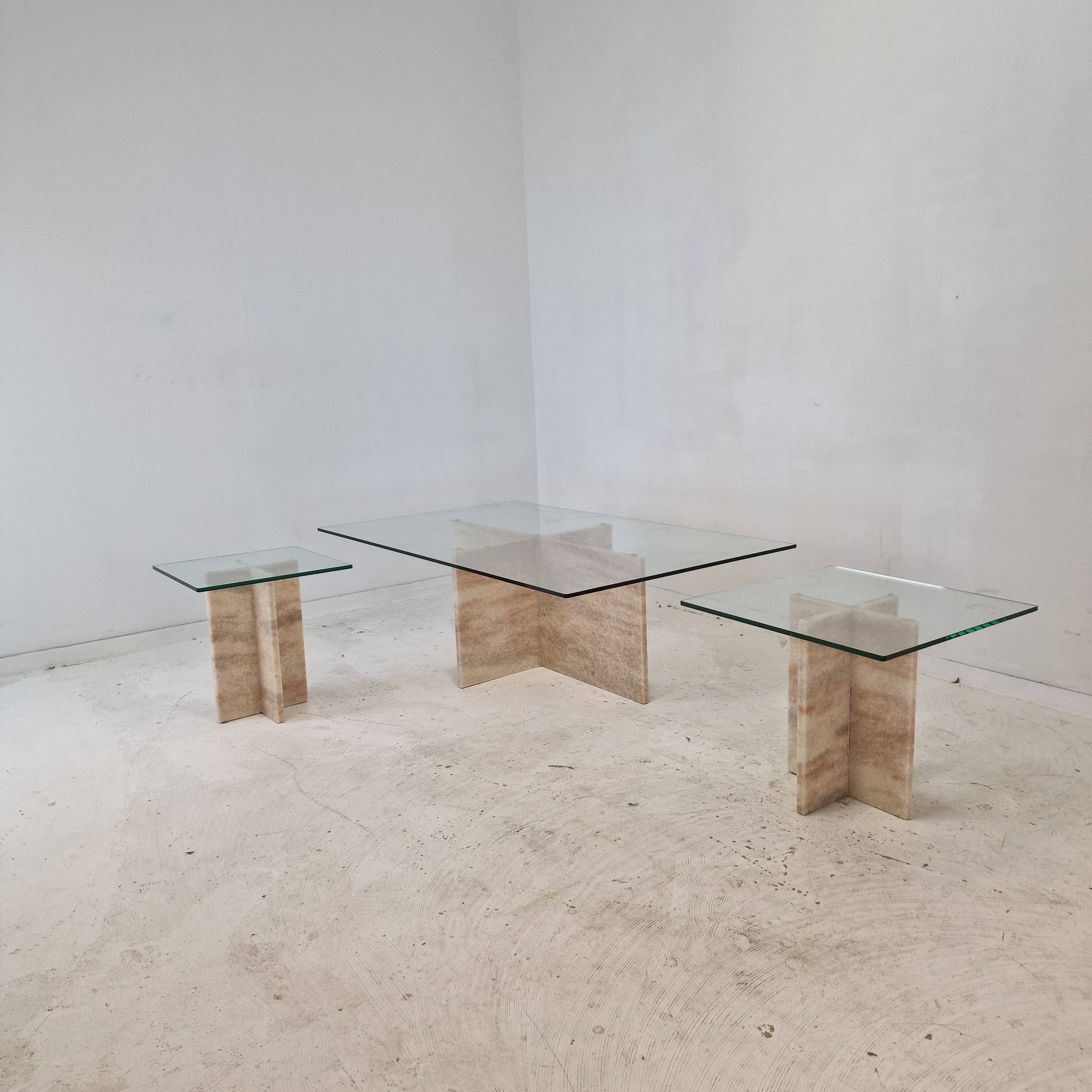 Set of 3 Italian Marble Coffee or Side Tables with Glass, 1980s