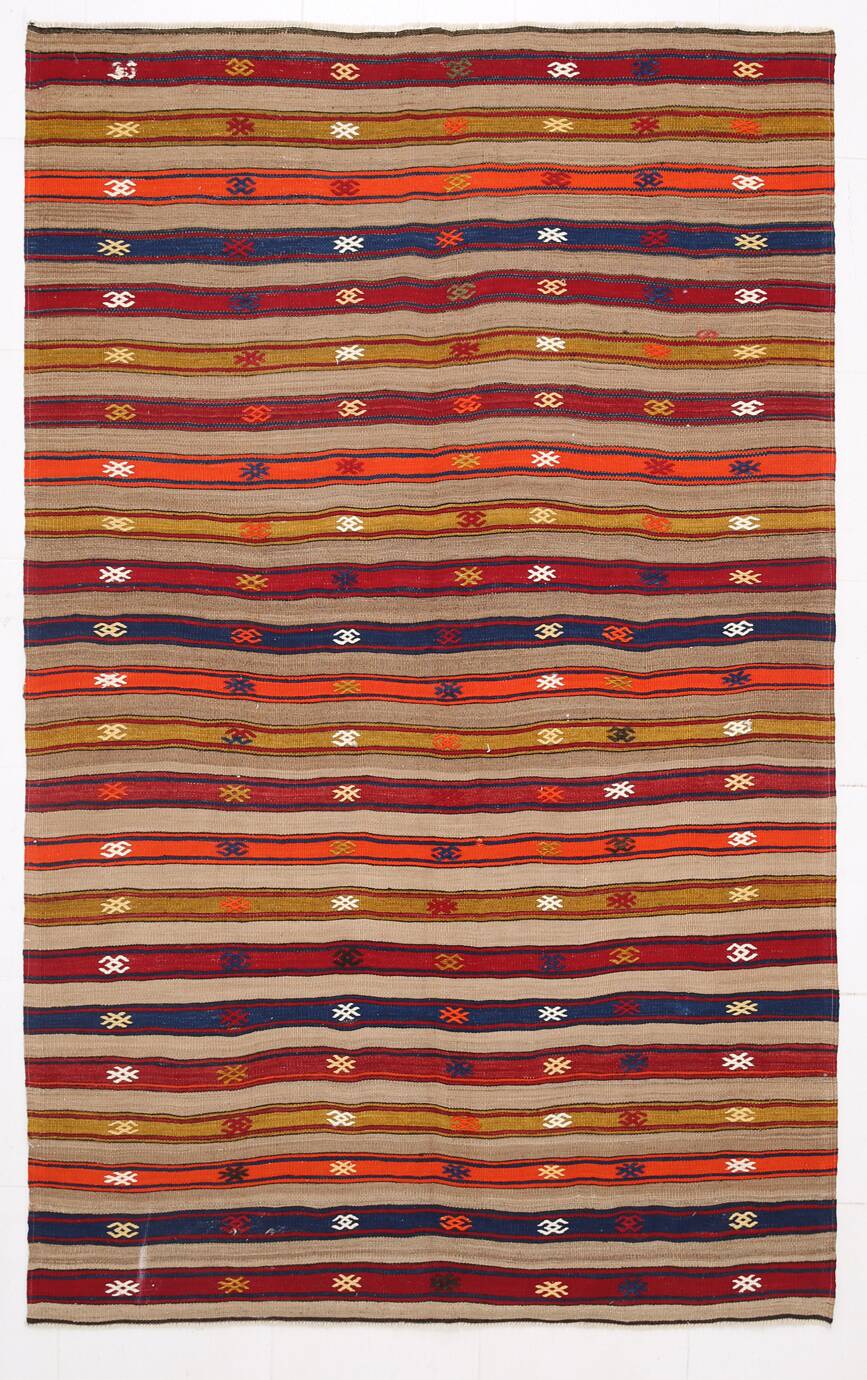 Turkish Red & Blue Striped Kilim Rug, 151x244Cm