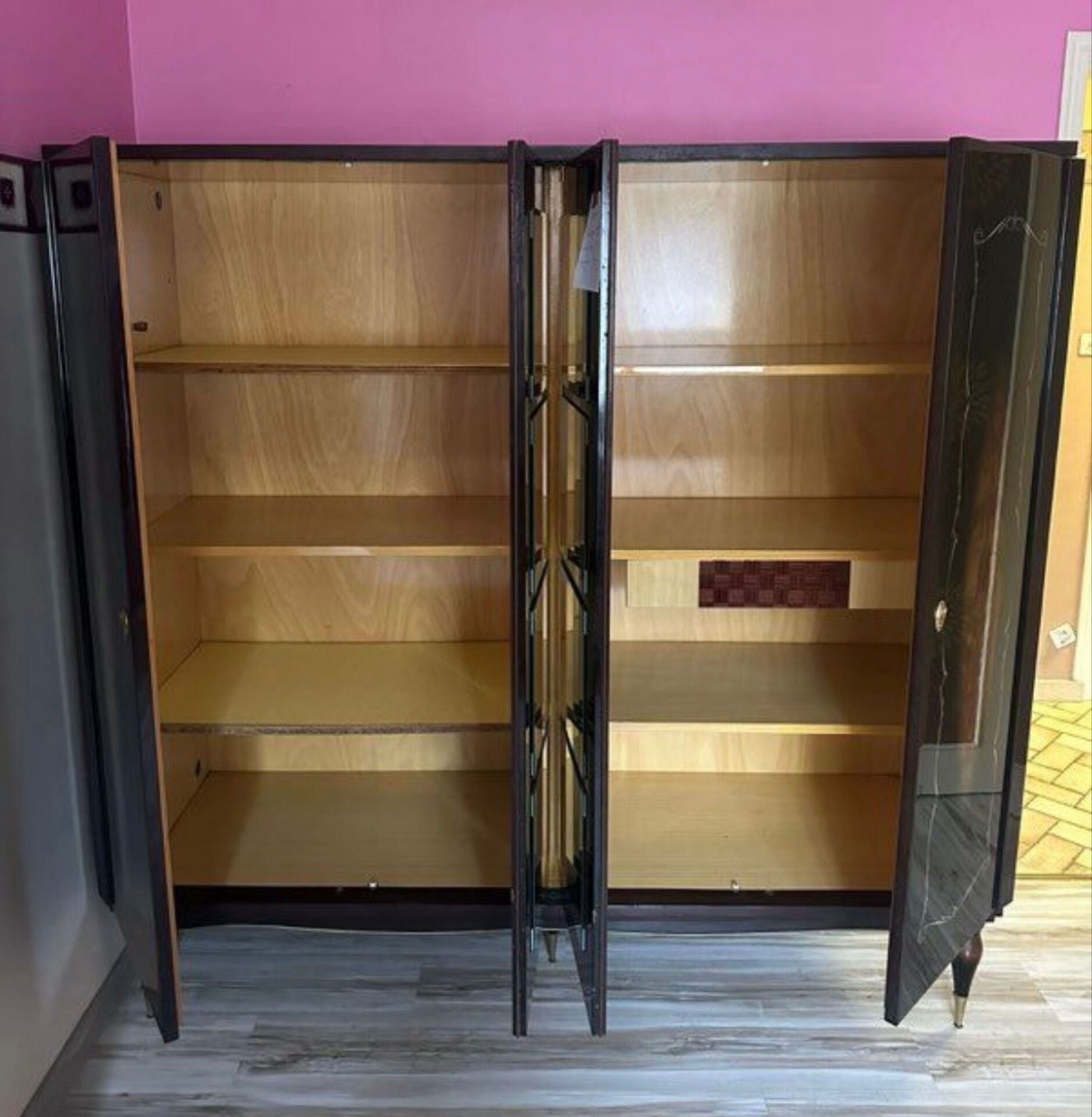 Art Deco style walnut veneer wardrobe – 4 doors and mirror