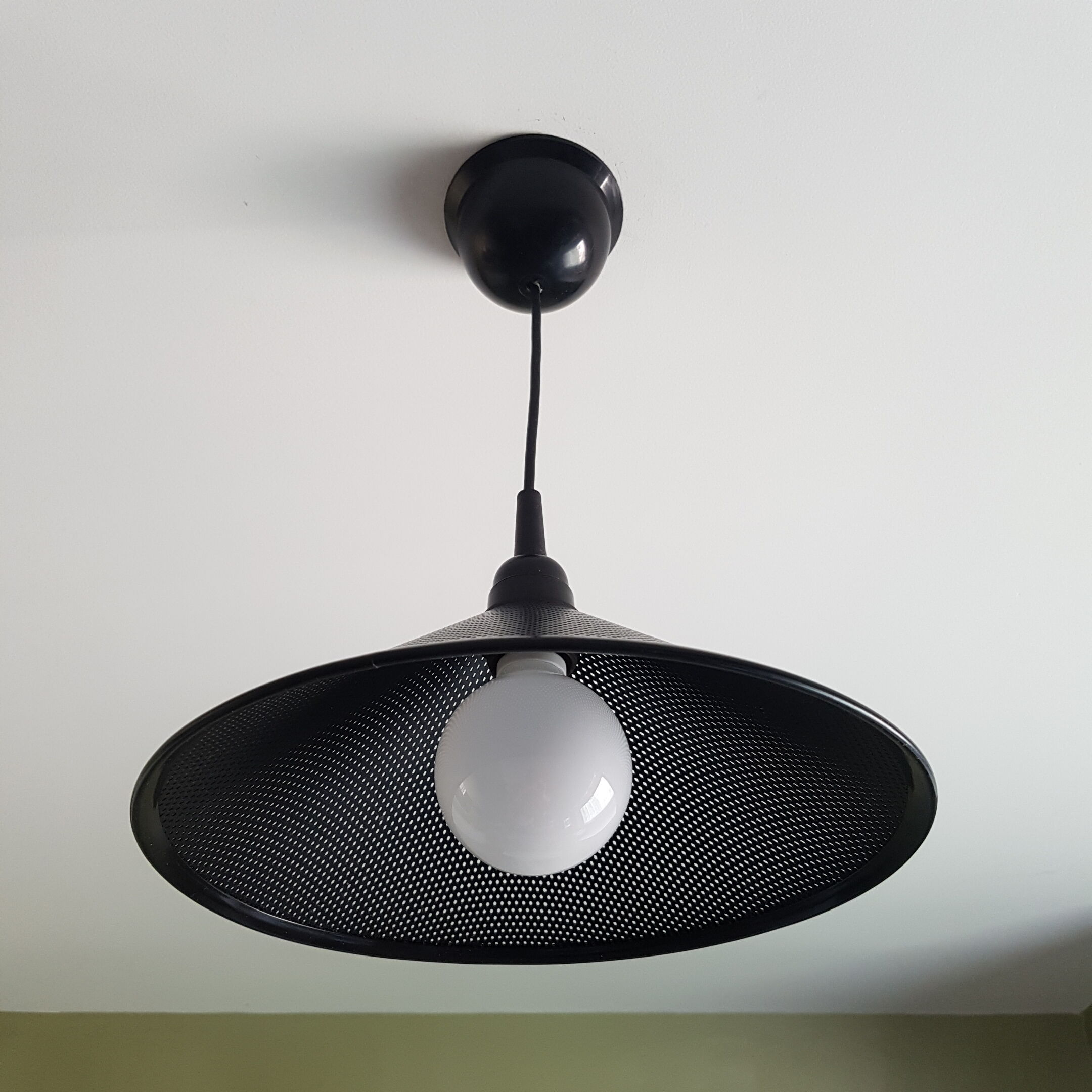 Black perforated hanging lamp années 80