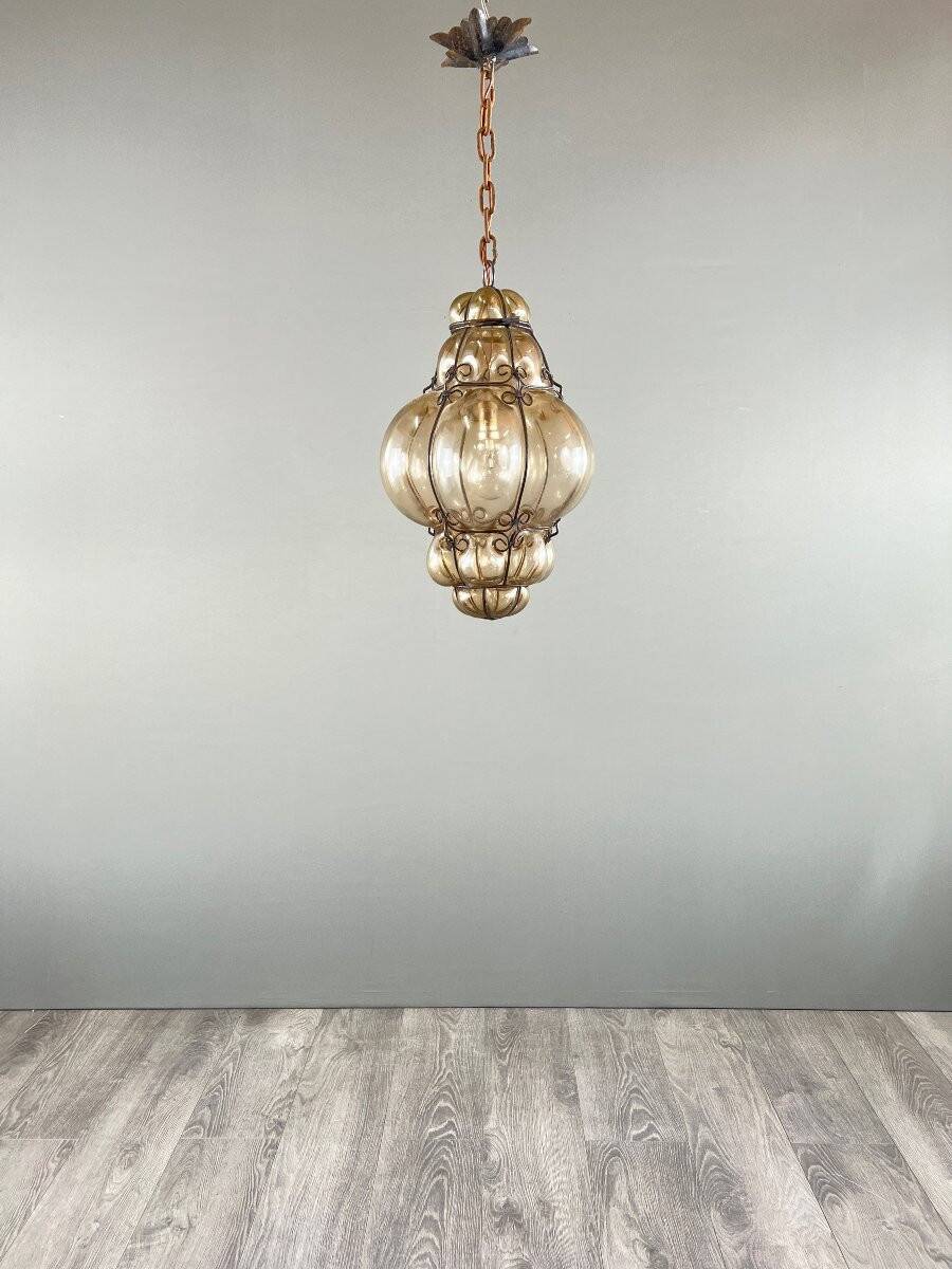 Amber Blown Glass Hanging Lantern, Italian Work, 20th Century