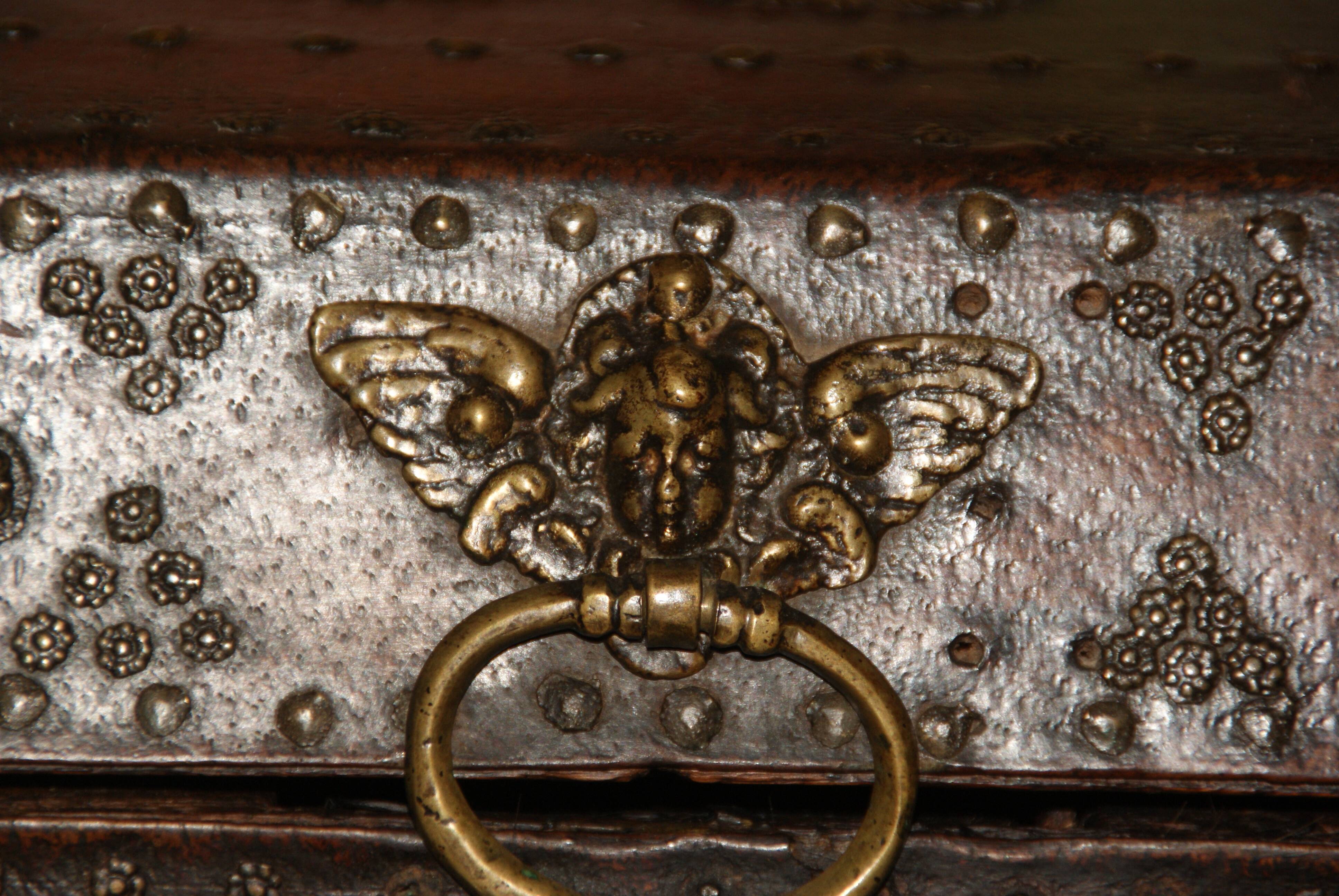 17th century studded leather travel trunk, richly decorated