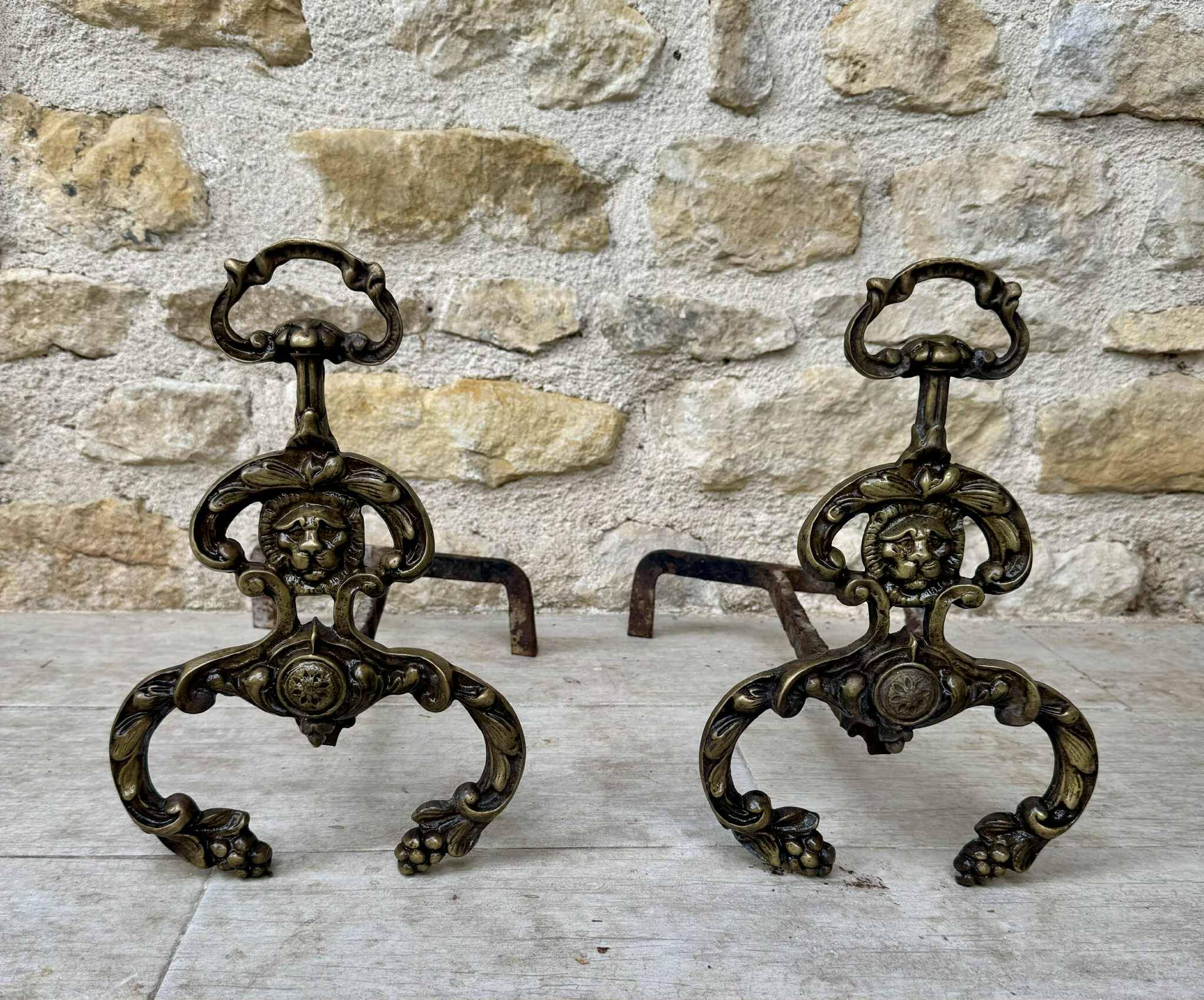 Pair of 19th-century brass lion andirons