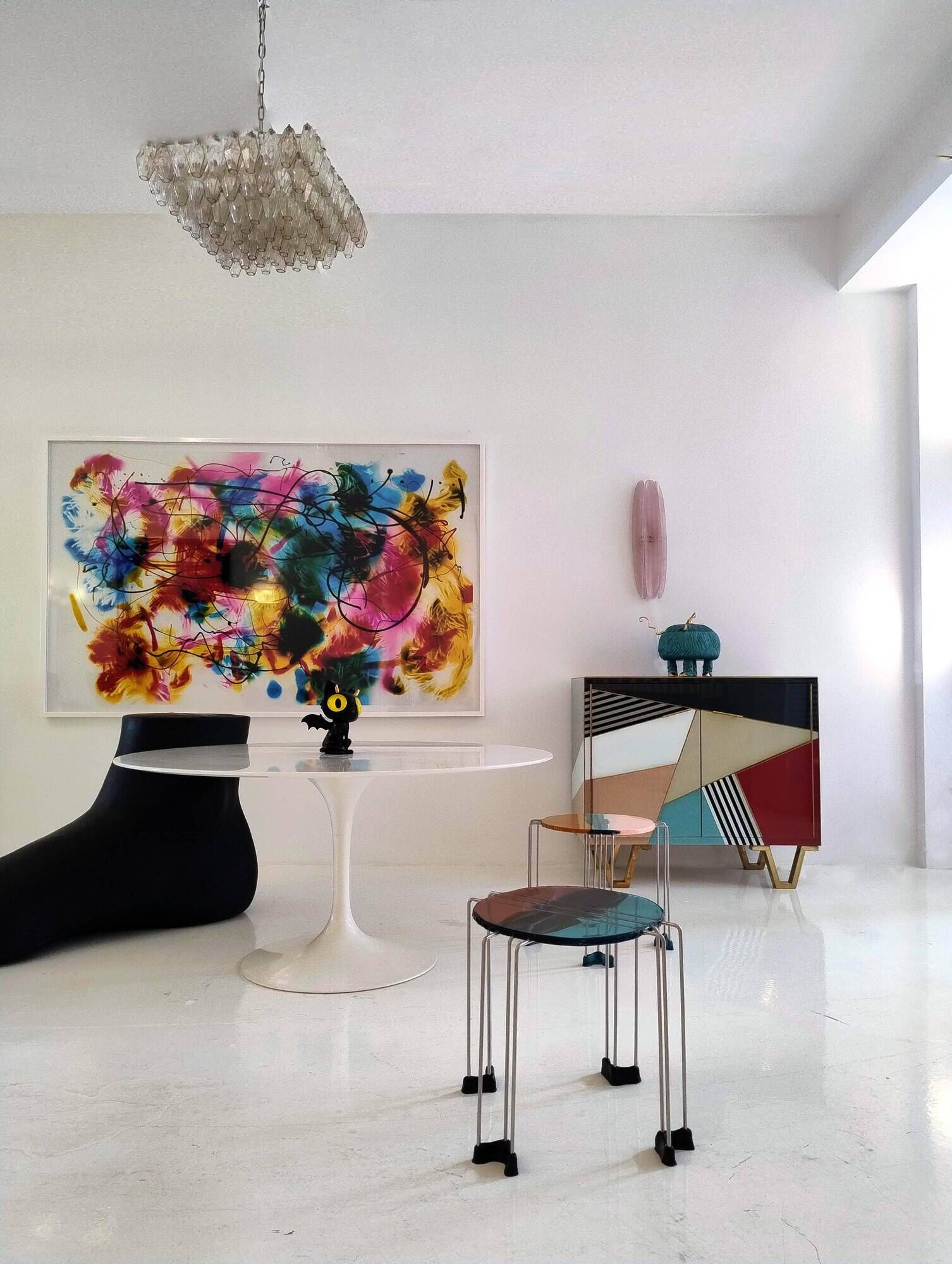 Mid Modern Italian Colored Glass Sideboards with Solid Wood Structure and Brass
