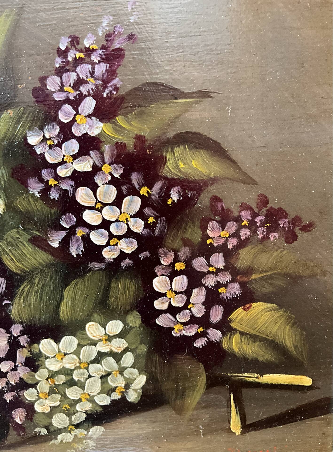 Huile sur panneau ancienne, bouquet de fleurs, cadre en bois sculpté d