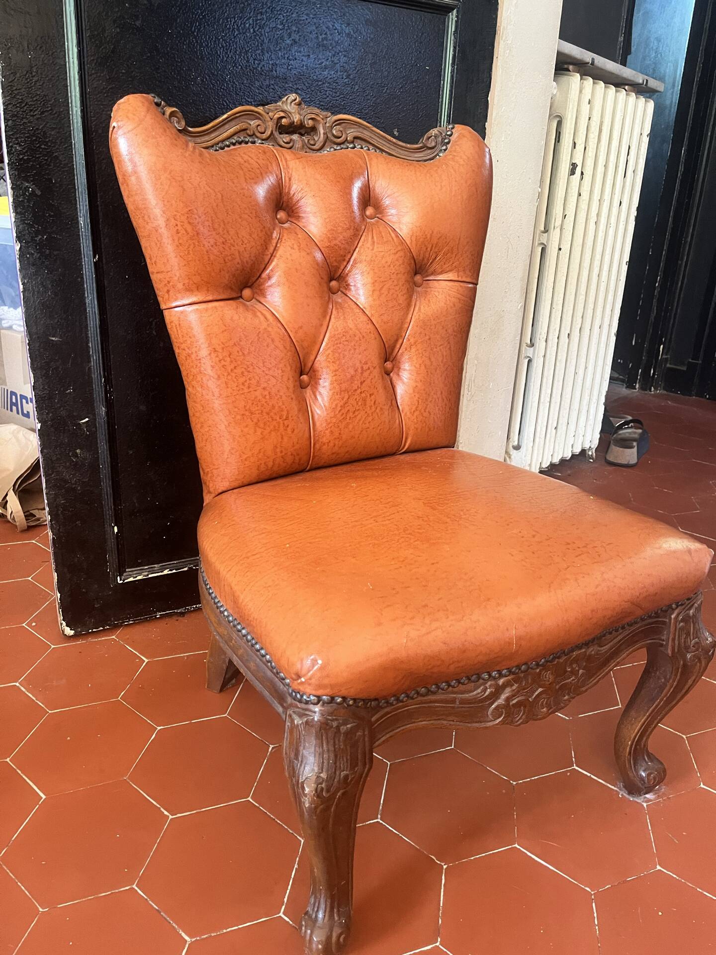 Superb Vintage Louis XV Style Armchair - Cognac Upholstered Faux Leather
