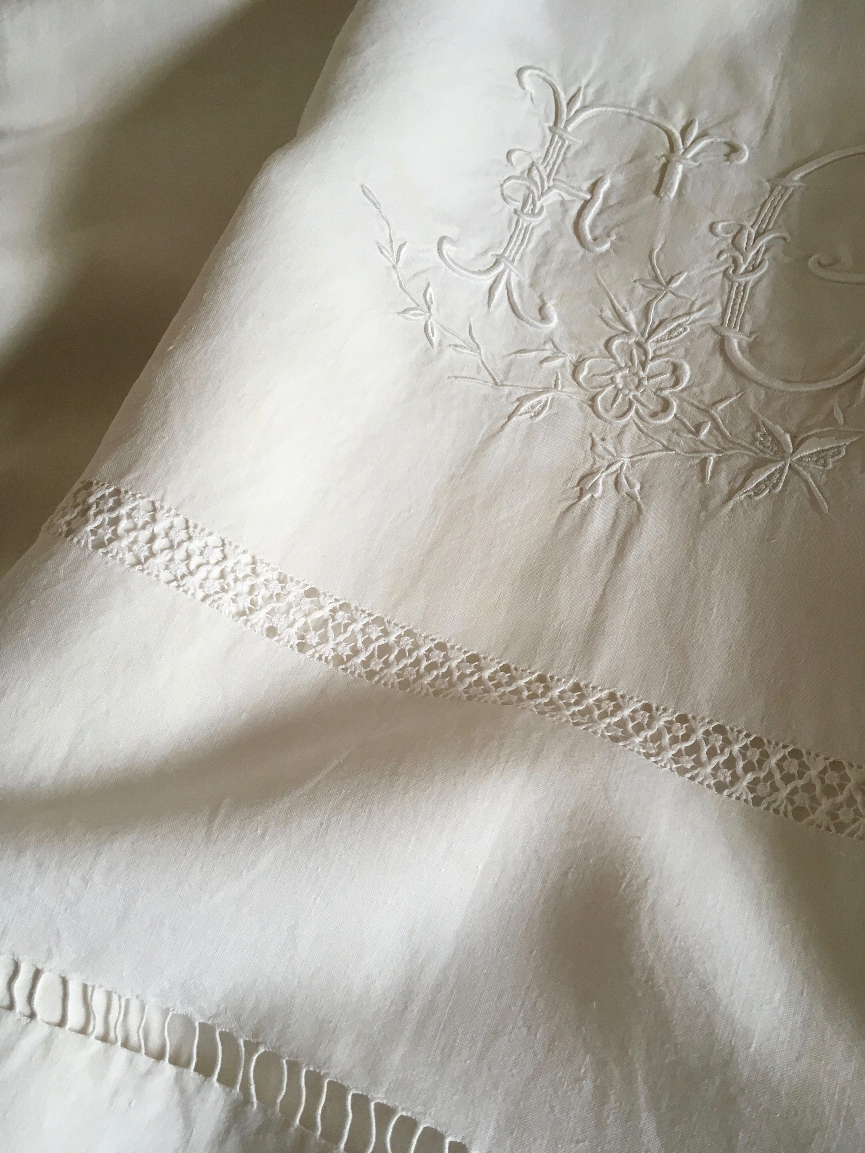 Old original FG Monogram embroidered linen canvas sheet early 20th