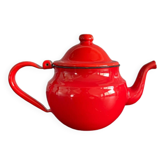 Red enameled sheet metal teapot
