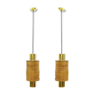 Pair of modern italian brass and bamboo pendants