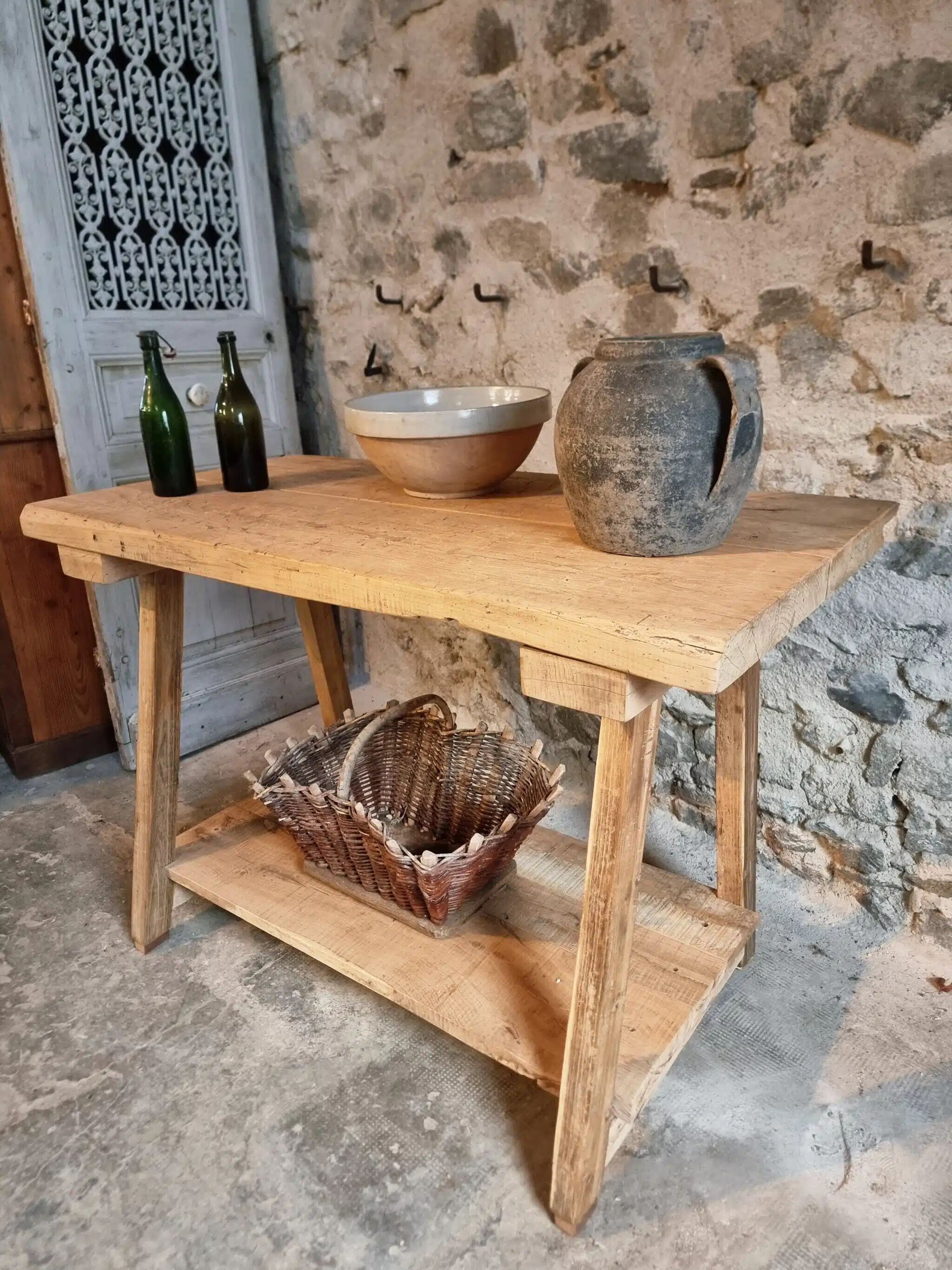 Old French work table / kitchen island / console, beech and chestnut, circa 1930–1950