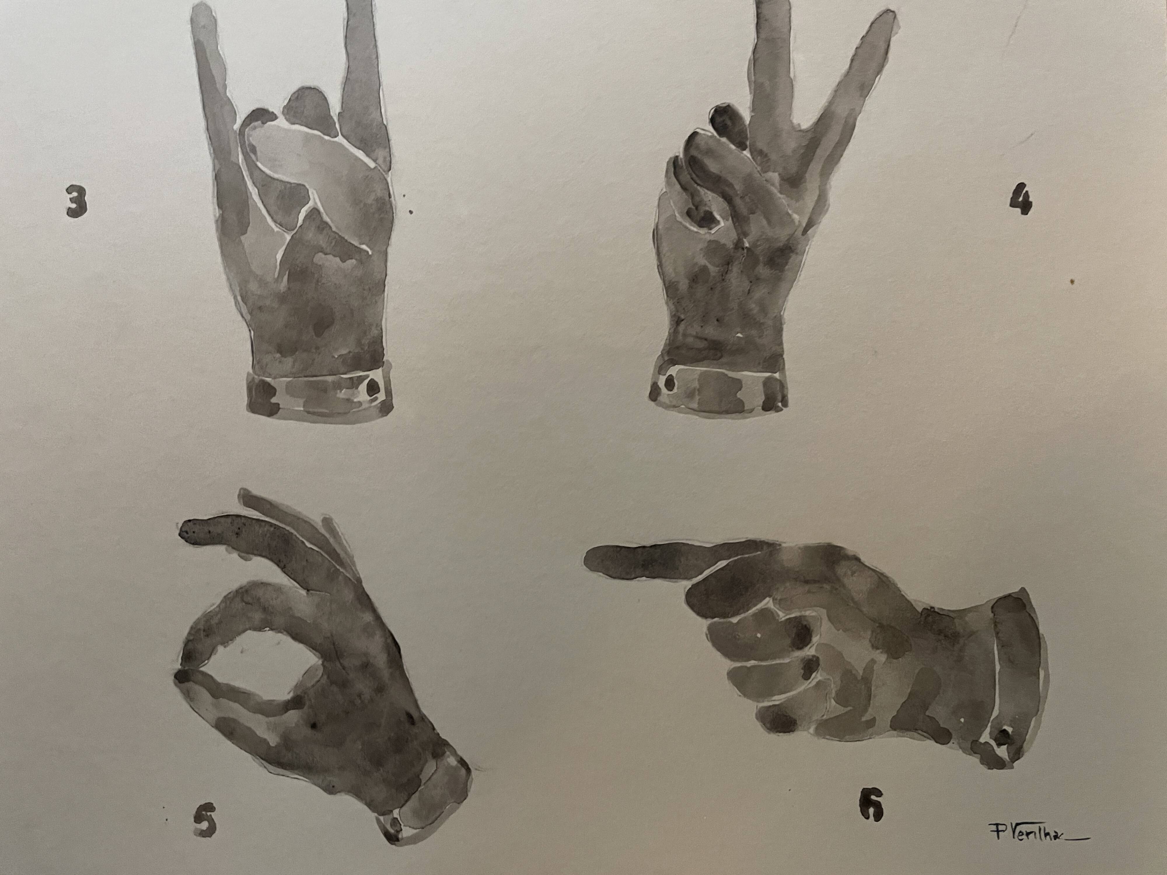 Signed painting monochrome watercolor sepia hand signs "gloves store poster"