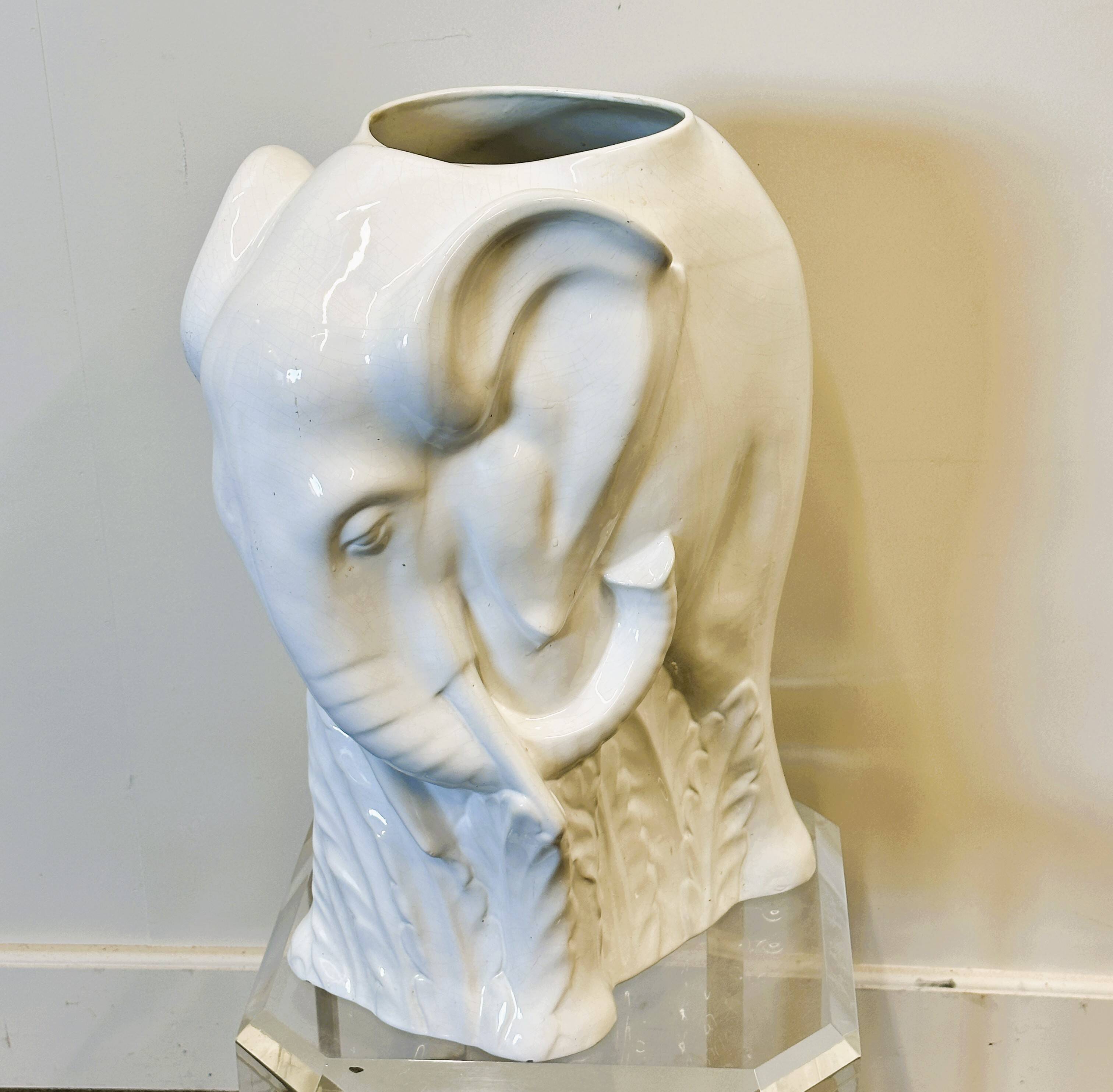 Vintage White Ceramic Elephant Umbrella Stand - Planter, France 1970s.