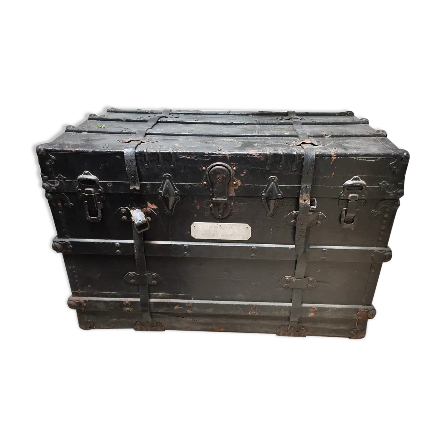 Black ancient travel trunk, 19th