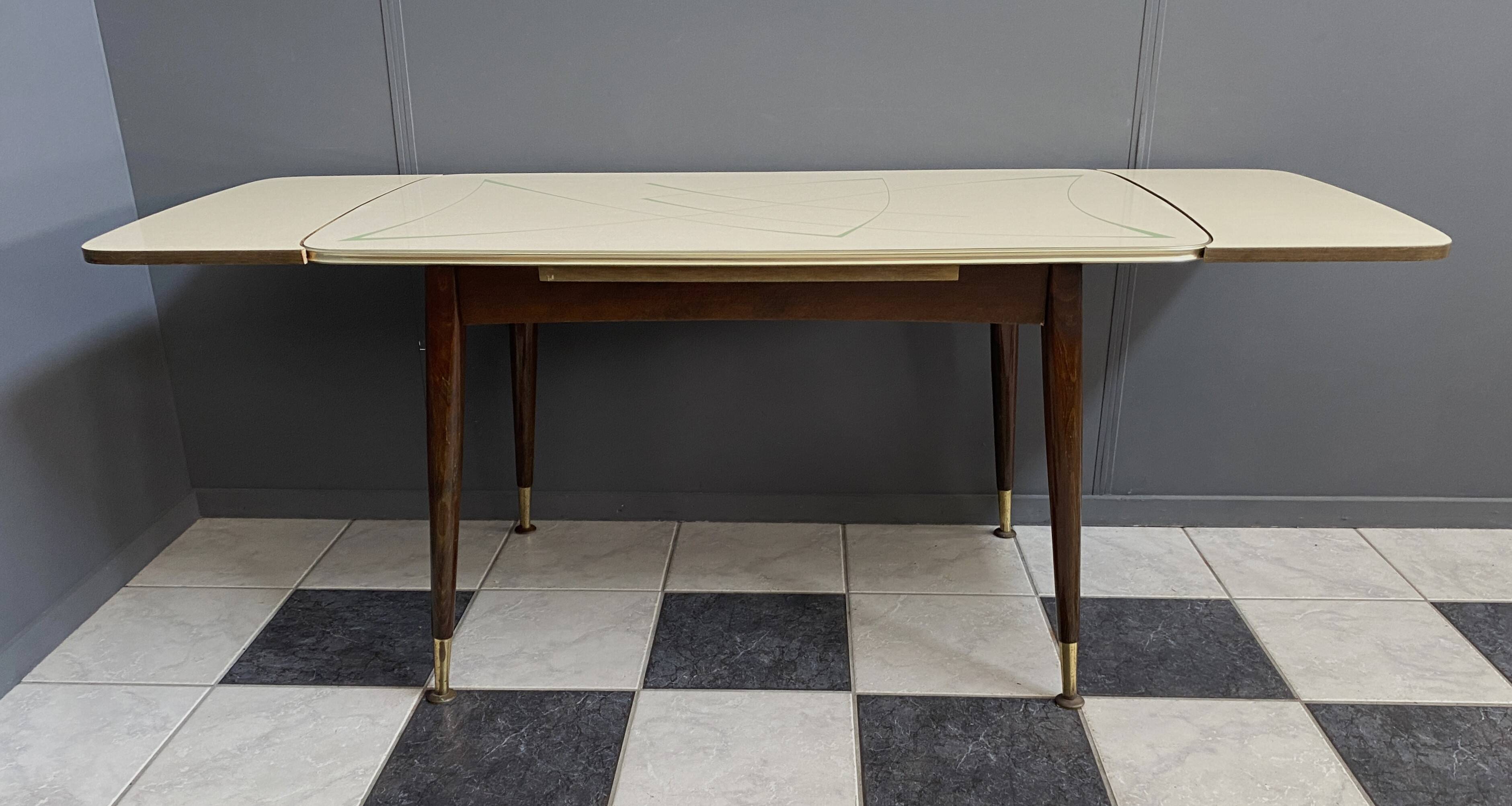 cream and green color 1960s formica dining table enlarge and changing in height