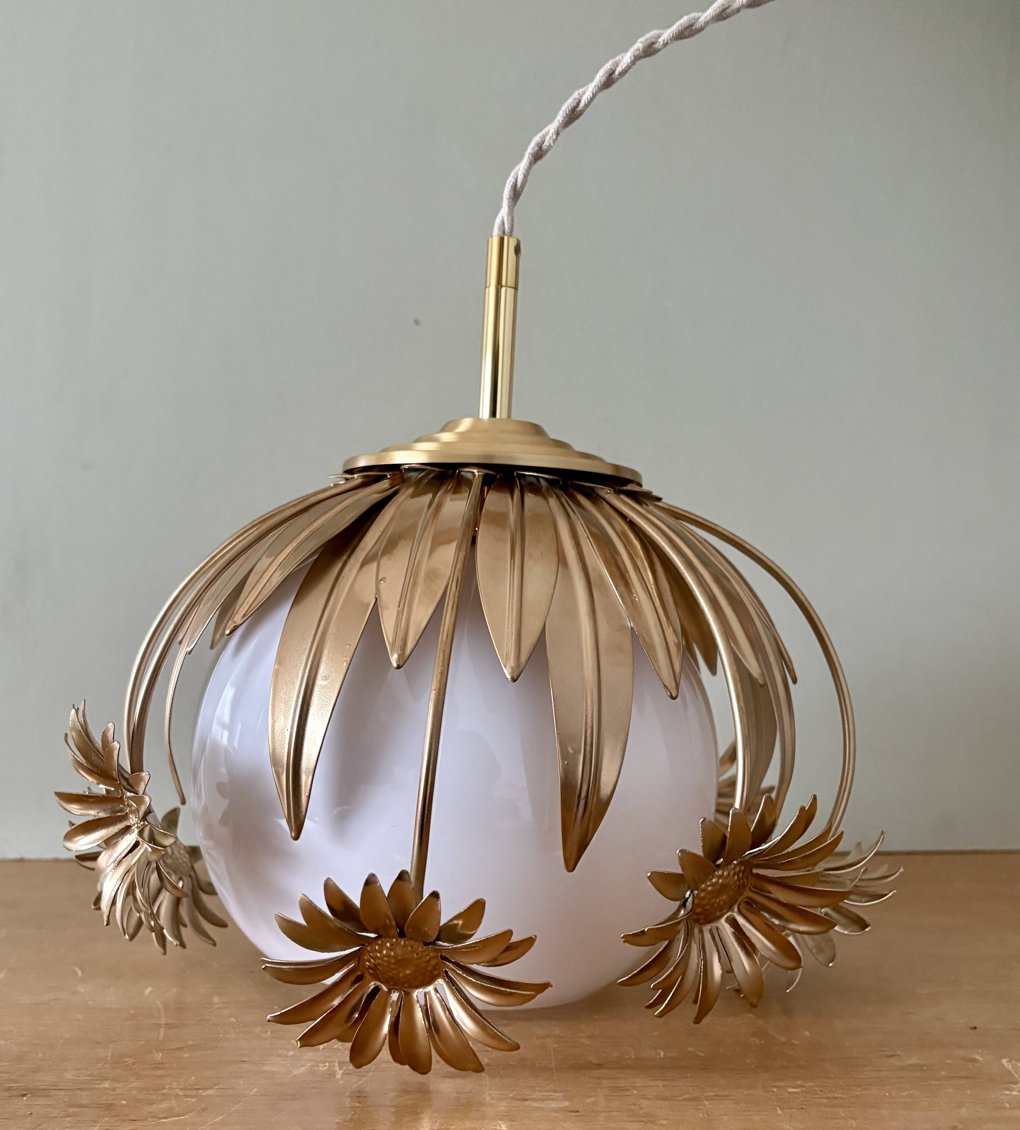 Pendant light in gilded metal and antique opaline globe