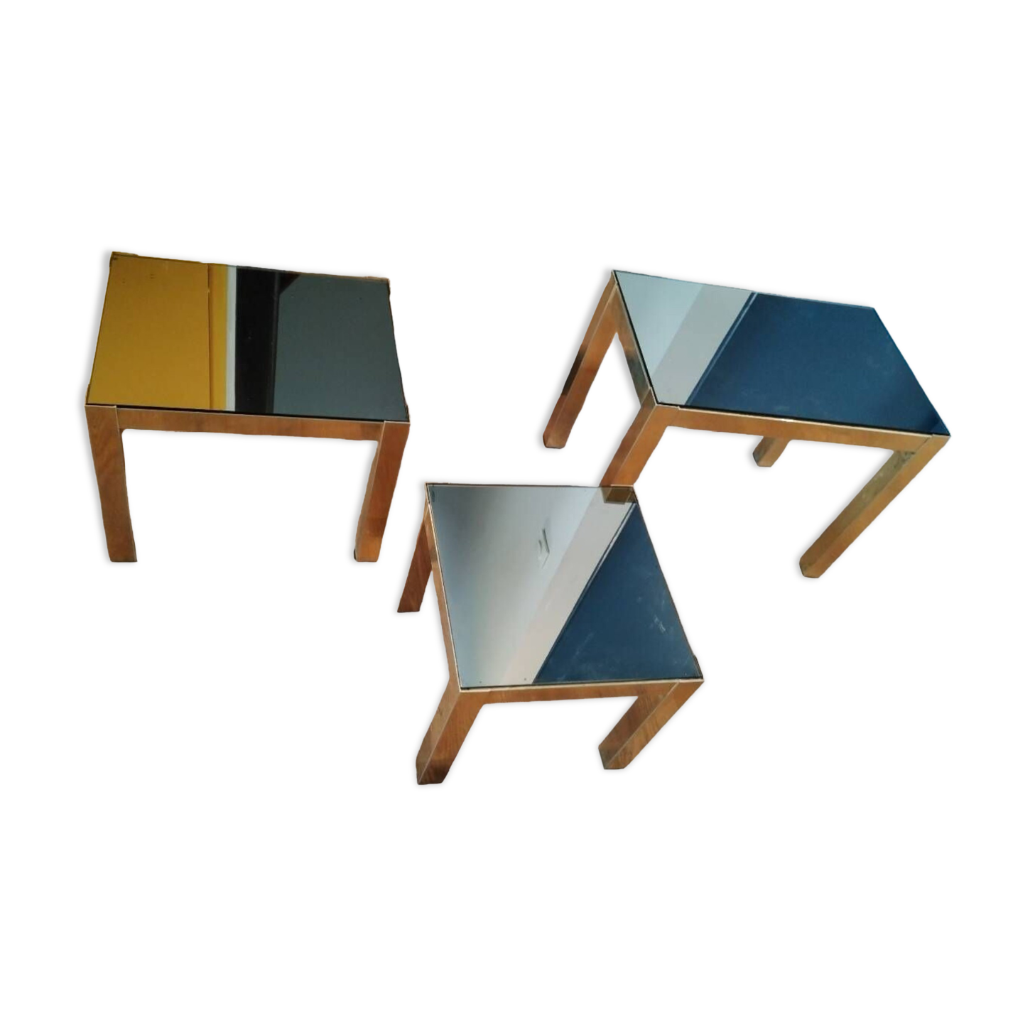 Vintage nesting table in gold metal and smoked mirror glass